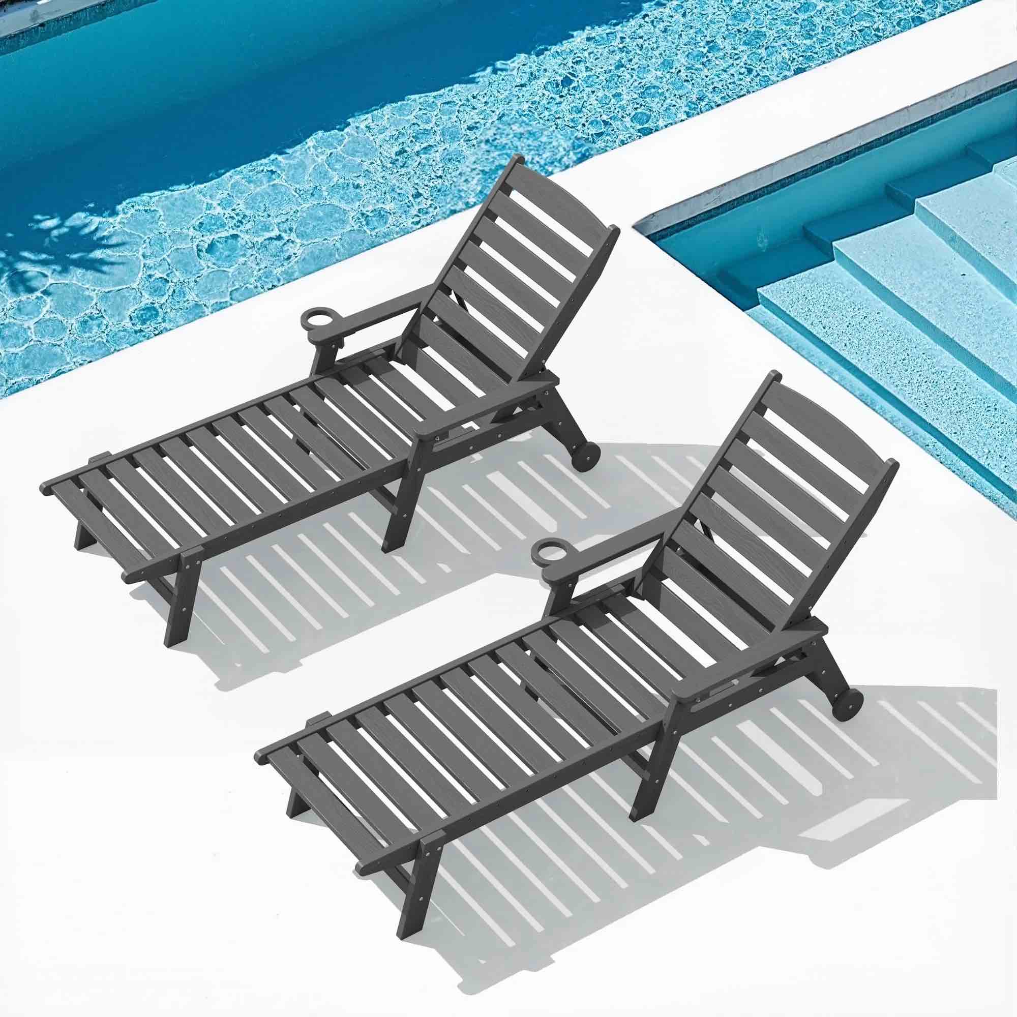 serwall patio chaise lounge chair set of 2, 78'' long 5-positions adjustable hdpe outdoor lounge chair grey
