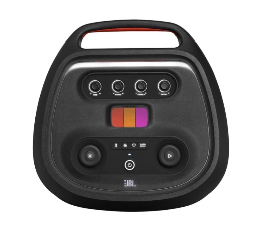 Condition photo showing As Is for jbl partybox ultimate - multi purpose party speaker, with wi-fi & bluetooth connectivity, wireless, lightshow, ipx4 slashproof, dual mic & guitar inputs, handle & sturdy wheels, black | all the superior original jbl pro sound you can handle, a multi-dimensional, dynamic lightshow, handle and sturdy wheels