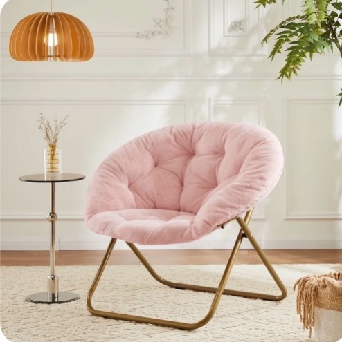 edx faux fur folding saucer chair foldable accent chair for adults soft plush seat lightweight & comfortable pink