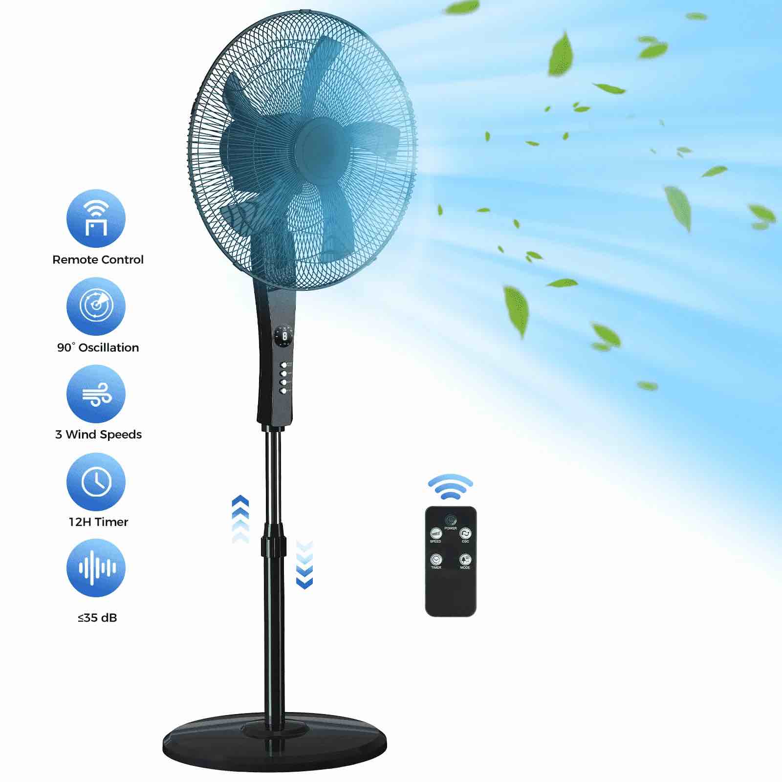 pedestal fan with remote 3-speed 90Β° oscillating 46 - 54 height adjustable 12h timer 18 floor standing fans for bedroom living room office