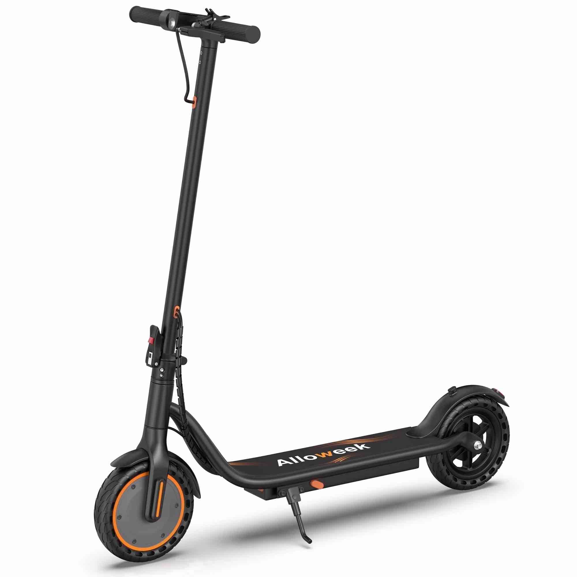 alloweek aw02t electric scooter for adults 8.5 solid tire 19.9 mph 350w motor 23 miles range iron frame foldable commuting e scooter with led lights