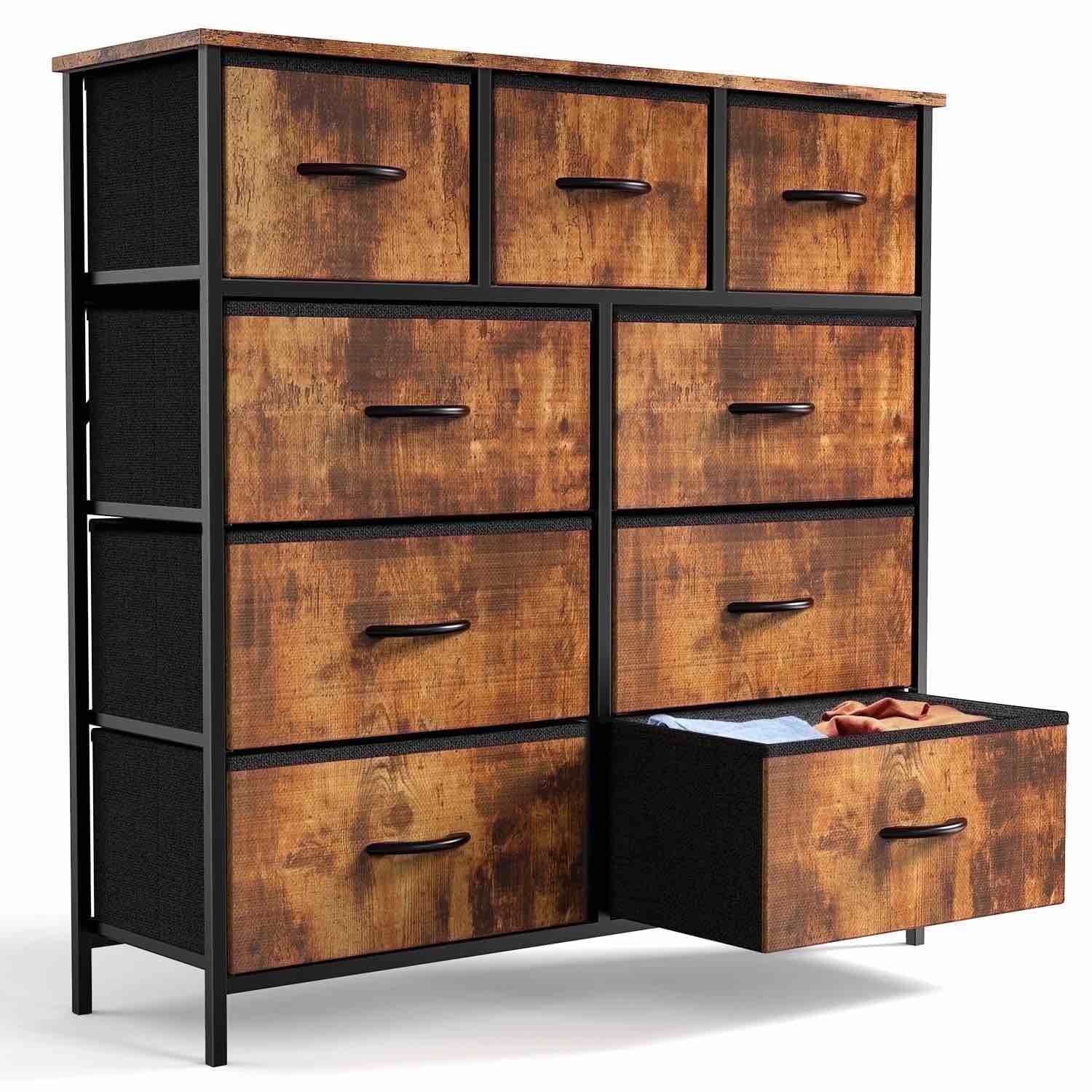 edx 9 drawer fabric dresser for bedroom, chest of drawer organizer storage cabinet for closet, entryway, rust brown