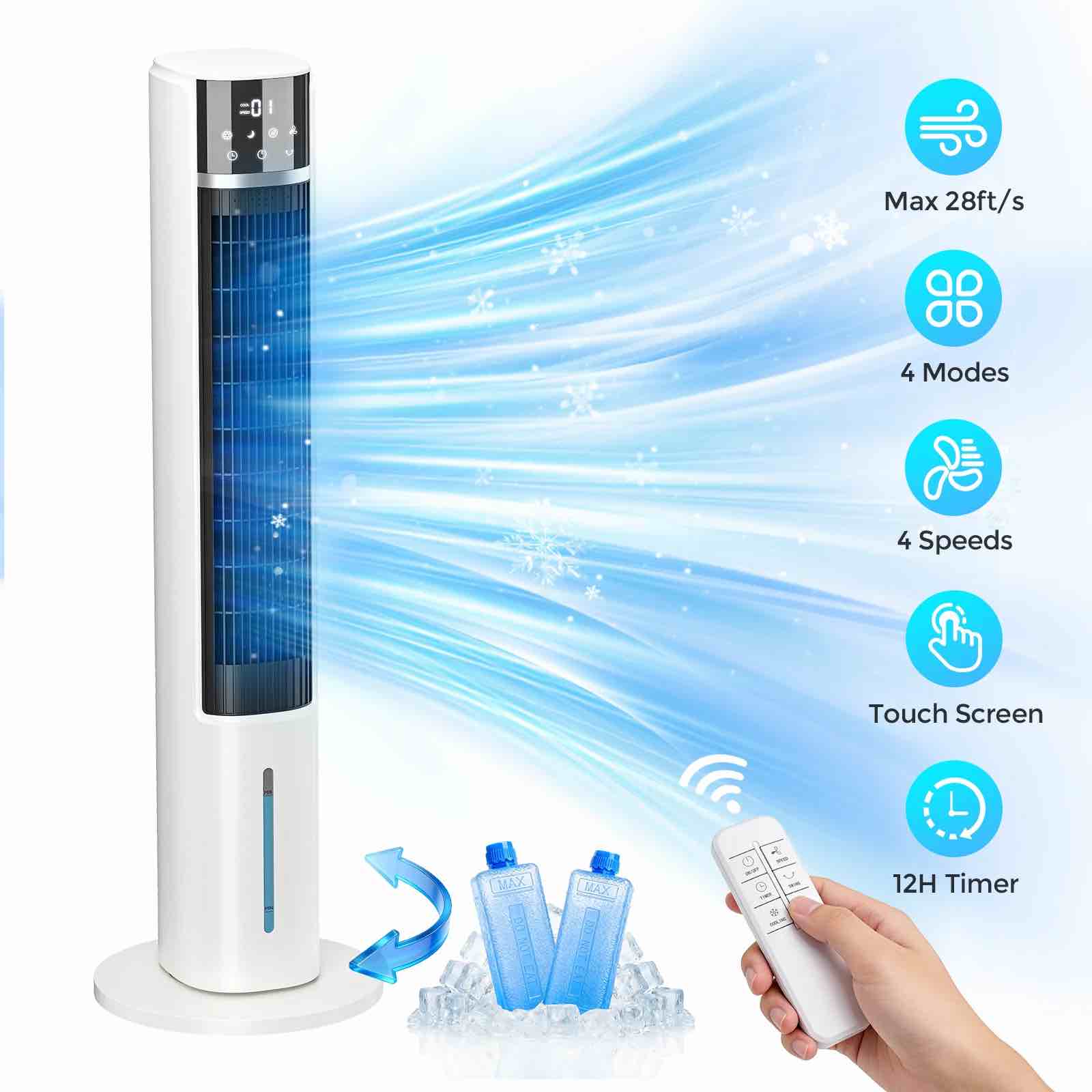 evaporative air cooler tower fan for home bedroom 40 floor standing cooling fans 90° oscillating 4 modes & 4 speeds 12h timer 2 ice crystal boxes