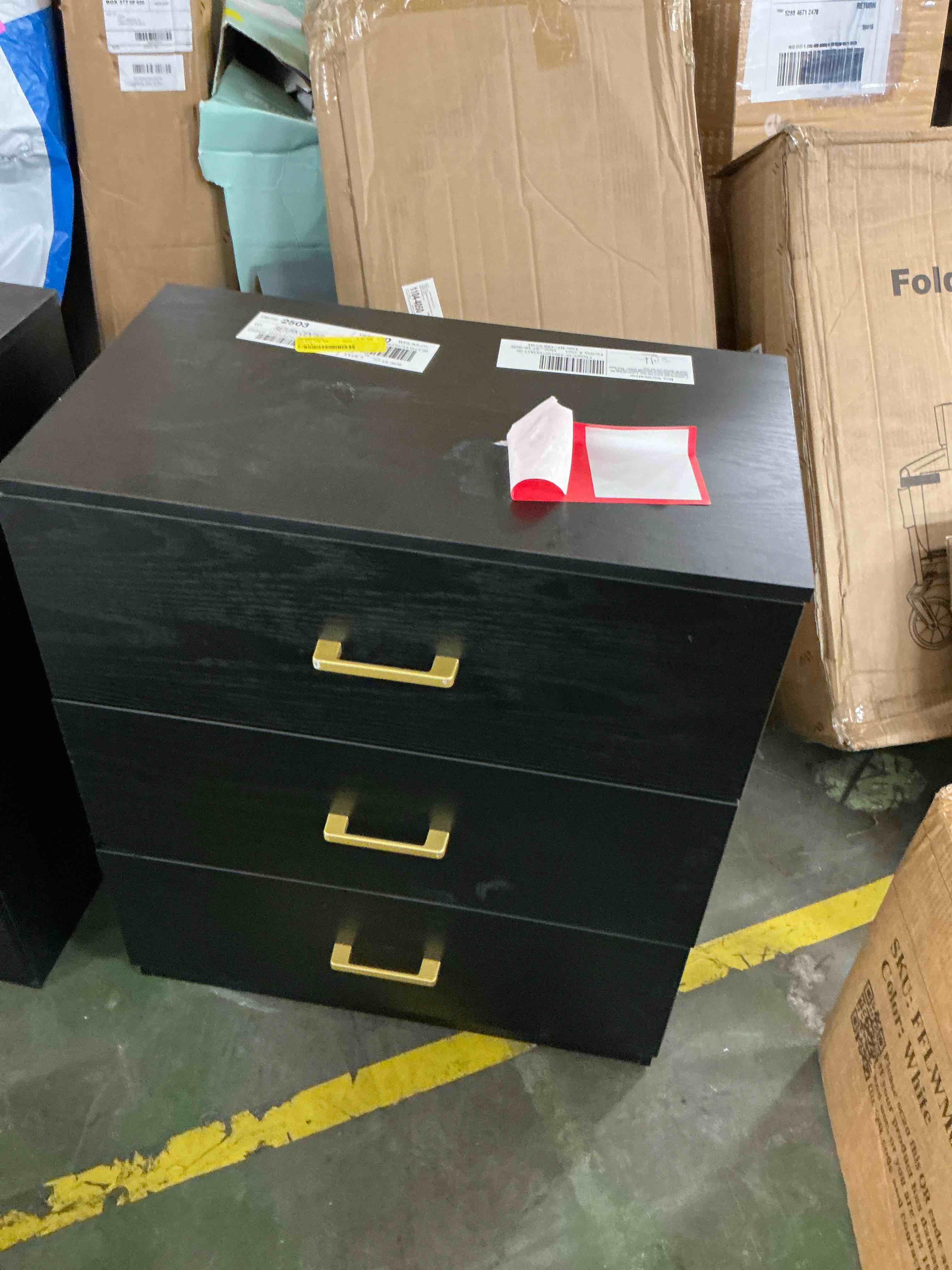 Condition photo showing Good Condition for uhomepro nightstand, modern 3 drawer nightstand, black nightstand with gold handle, wooden side table storage cabinet unit for bedroom/living room/small space