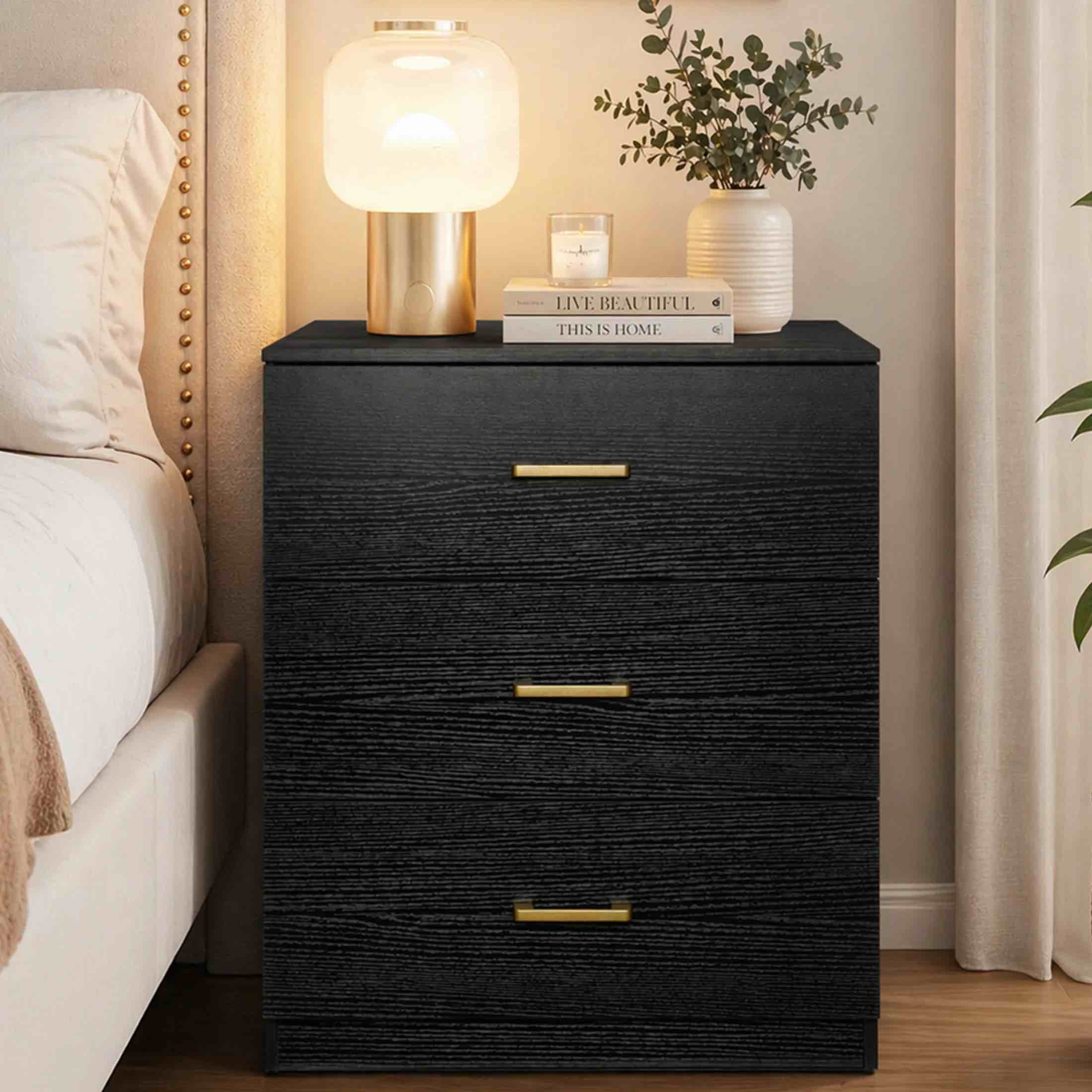 uhomepro nightstand, modern 3 drawer nightstand, black nightstand with gold handle, wooden side table storage cabinet unit for bedroom/living room/small space