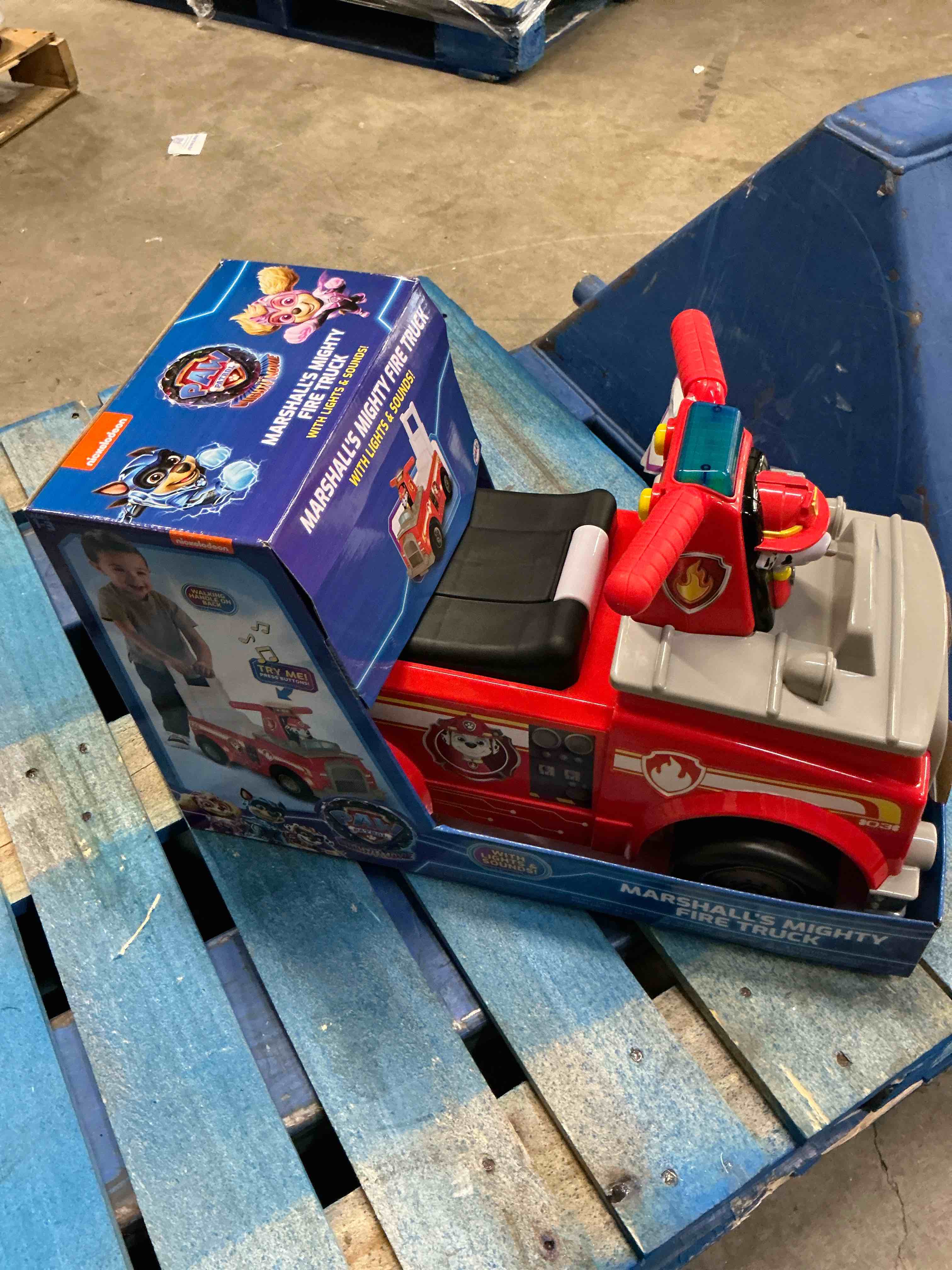 Condition photo showing New/Like New for nick jr. paw patrol marshall fire truck kids' ride-on with lights, sounds, storage and walking bar