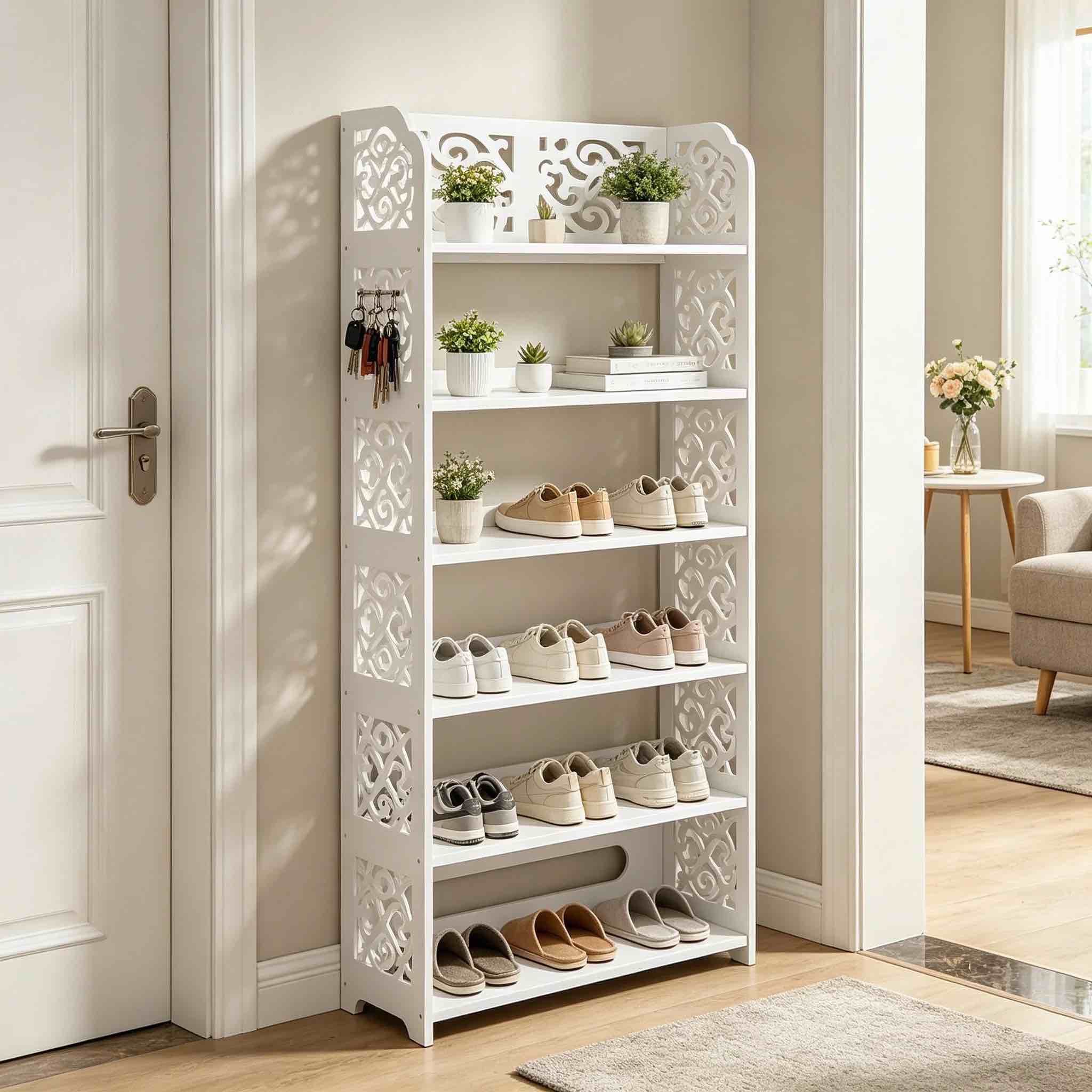 ktaxon 6 tier decorative carved shoe rack shoe shelf closet storage organizer shoe space saving for entryway bedroom living room, white finish
