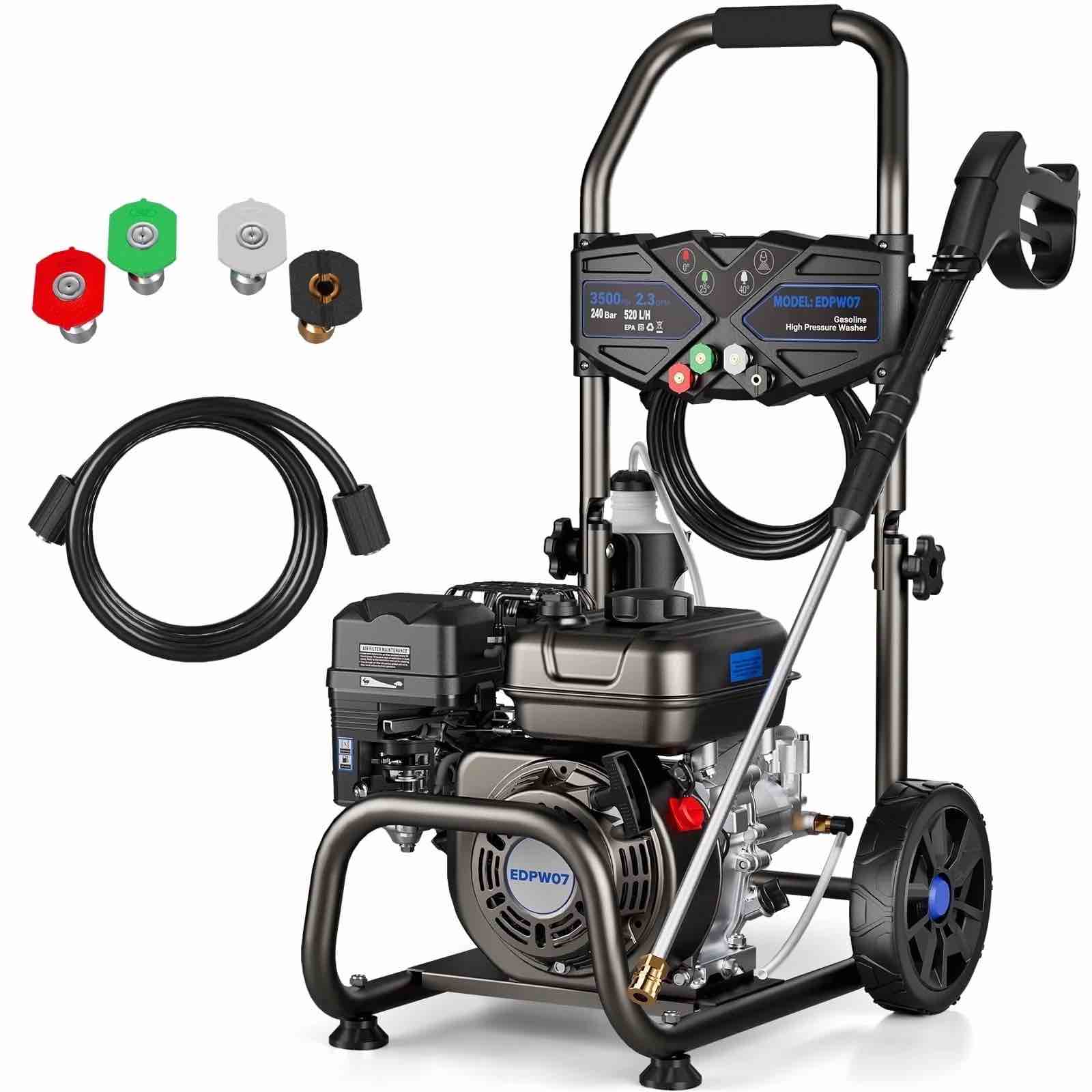 efurden 3500psi 2.3gpm gas pressure washer, 209cc 7hp engine, 4 quick connect nozzles, 25ft pressure hose & soap tank