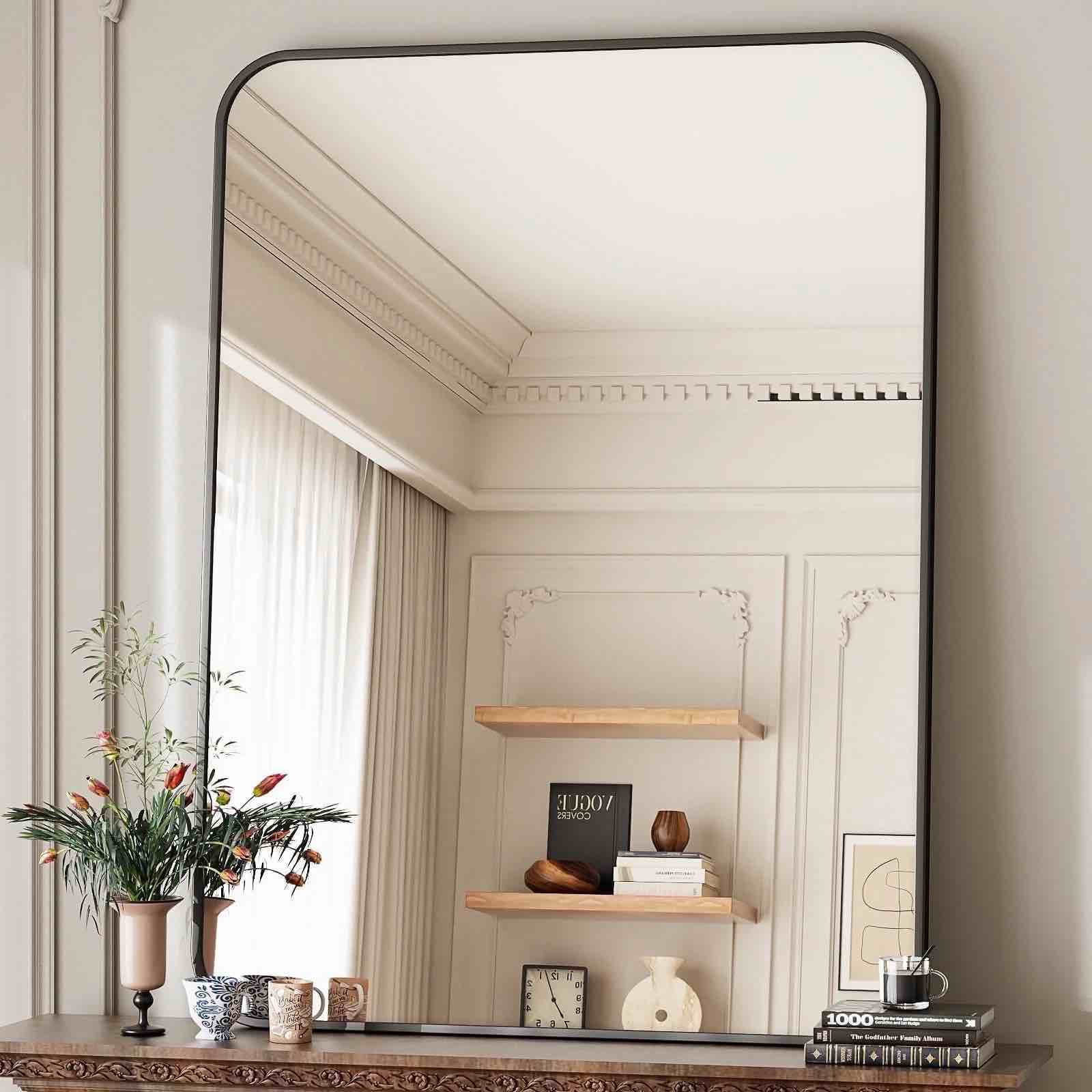 beautypeak 30"x40" wall mirror rounded corners hanging vanity mirror black 30" x 40"