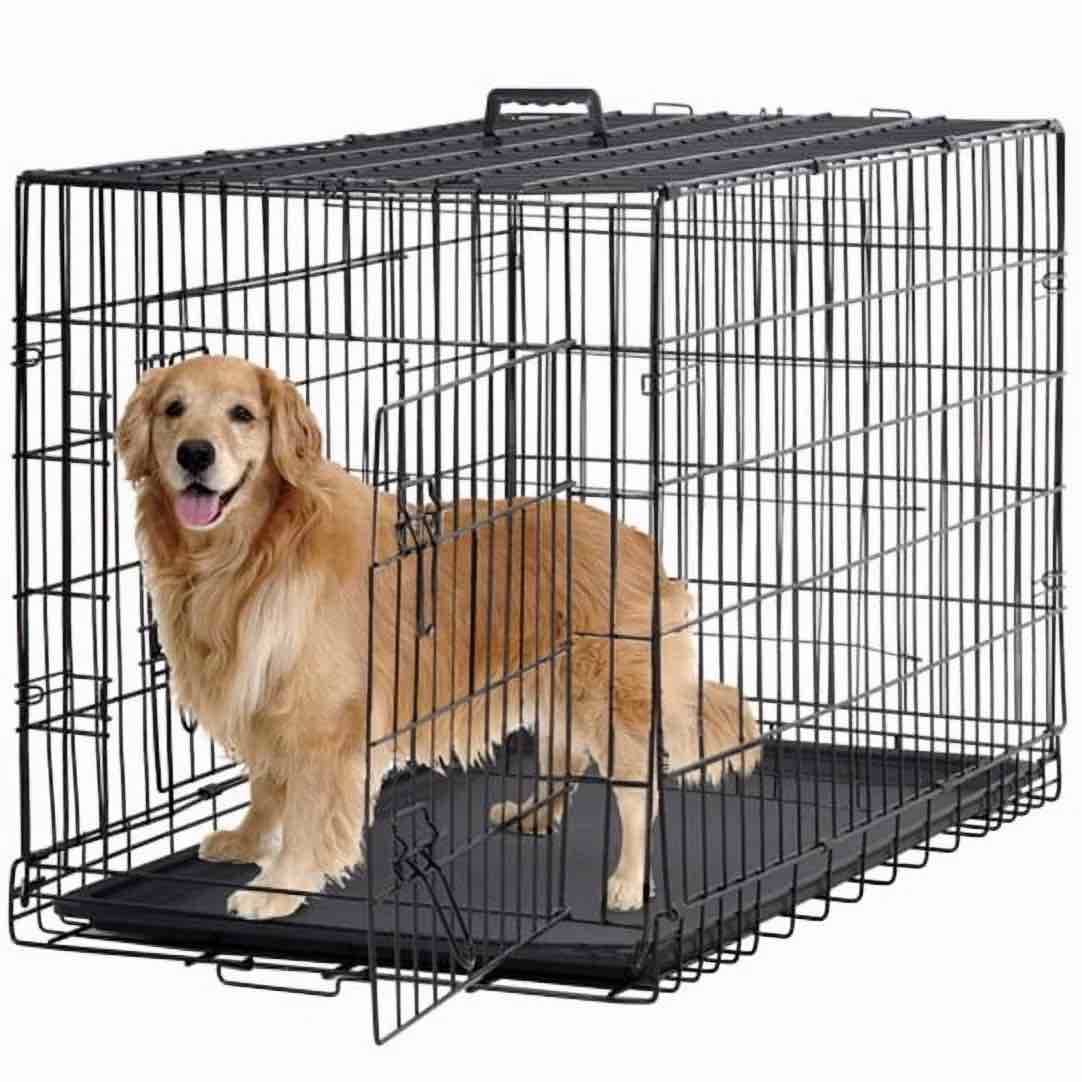 bestpet 48 inch foldable metal dog crate for large dogs double door divider removable tray(black)