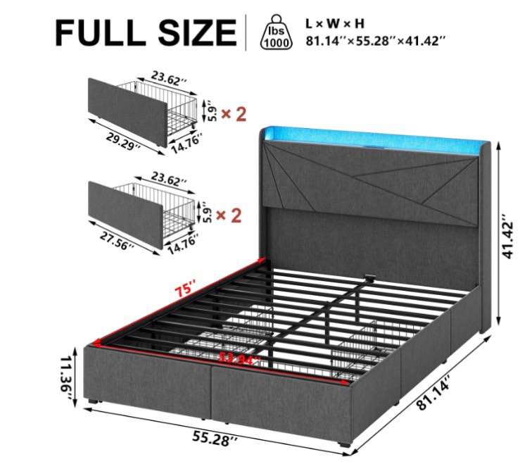 Condition photo showing New/Like New for gunaito full size bed frame with 4 storage drawers upholstered led bed with usb ports modern bed with headboard noise free platform bed with metal f