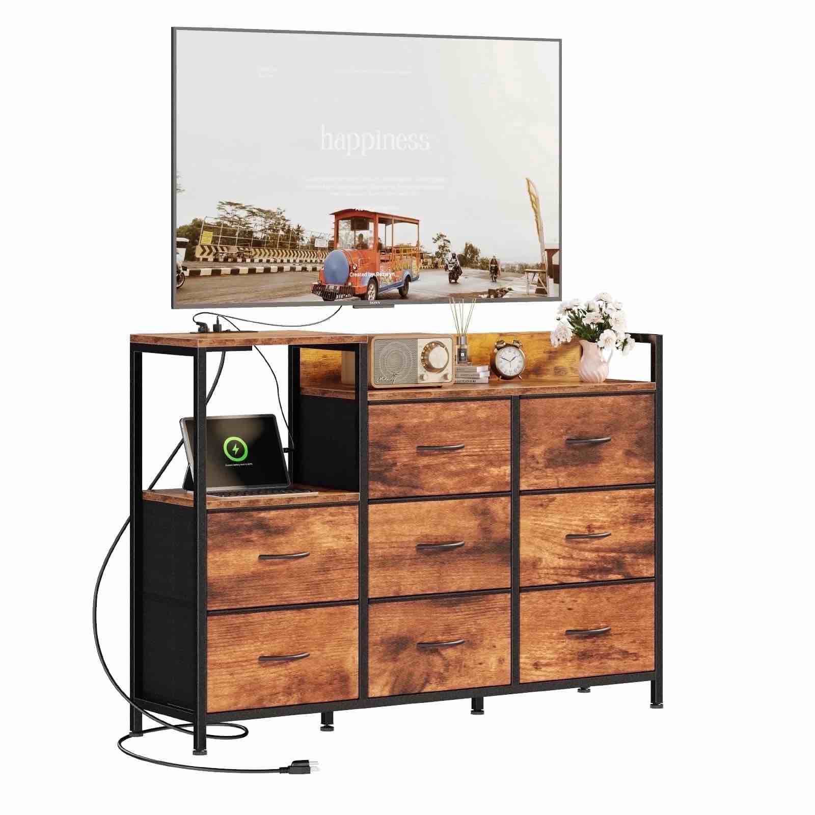 Condition photo showing Good Condition for edx dresser tv stand 8 drawer fabric storage dresser with power outlets and open shelves for bedroom and living room rust