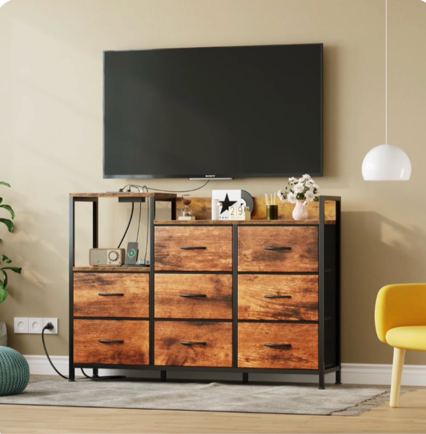 edx dresser tv stand 8 drawer fabric storage dresser with power outlets and open shelves for bedroom and living room rust