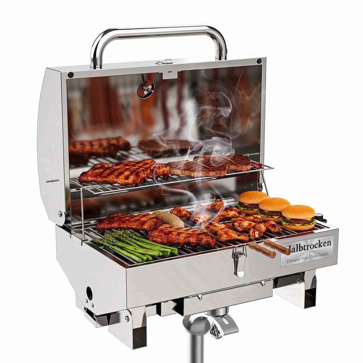 Halbtrocken 304 Stainless Steel Marine Gas Grill with Rod Holder Mount & Cover - 200 Sq. in. Cooking Area 12 000 BTU Propane Boat Grill