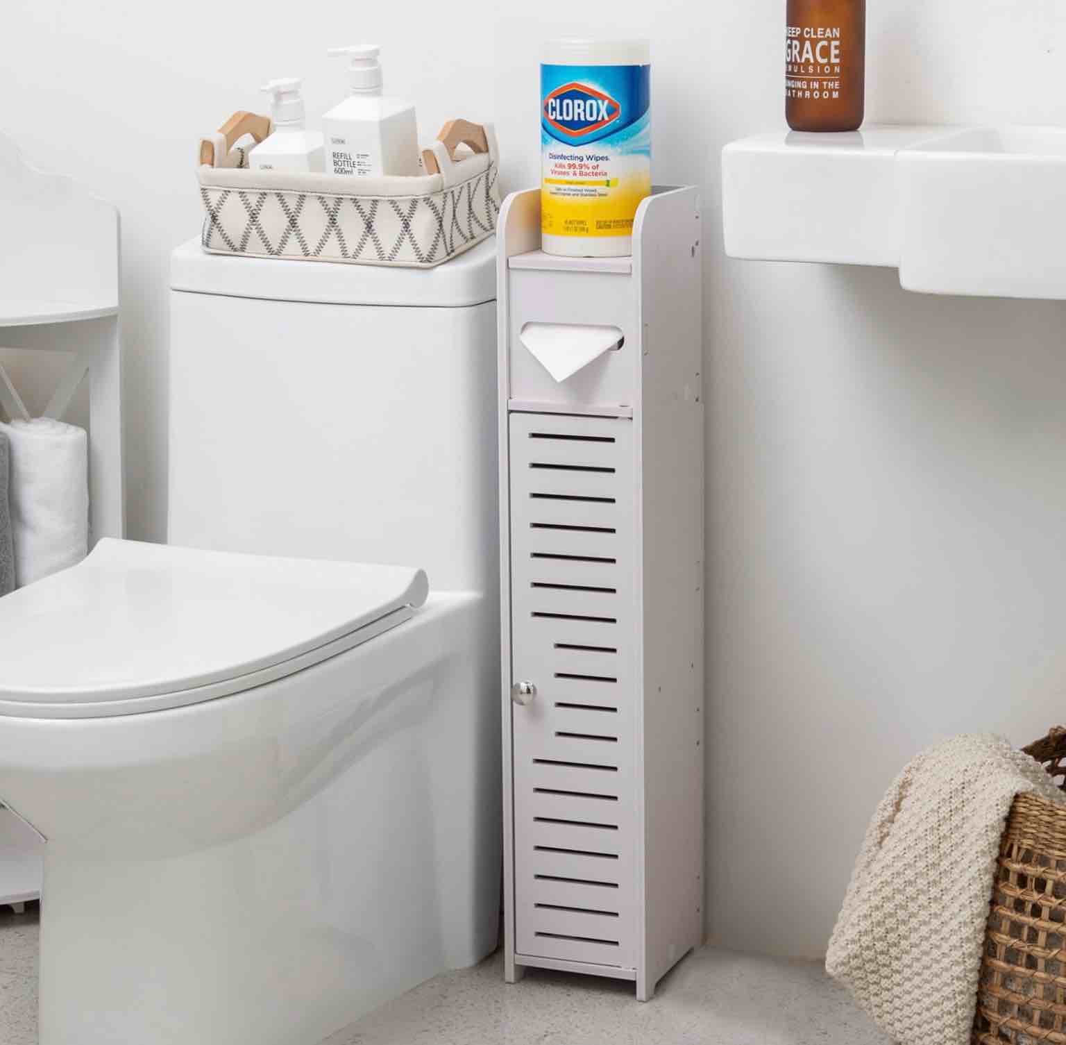 Toilet Paper Holder Stand Small Bathroom Storage Cabinet for Toilet Paper Storage Toilet Paper Stand Waterproof for Small Spaces White by AOJEZOR