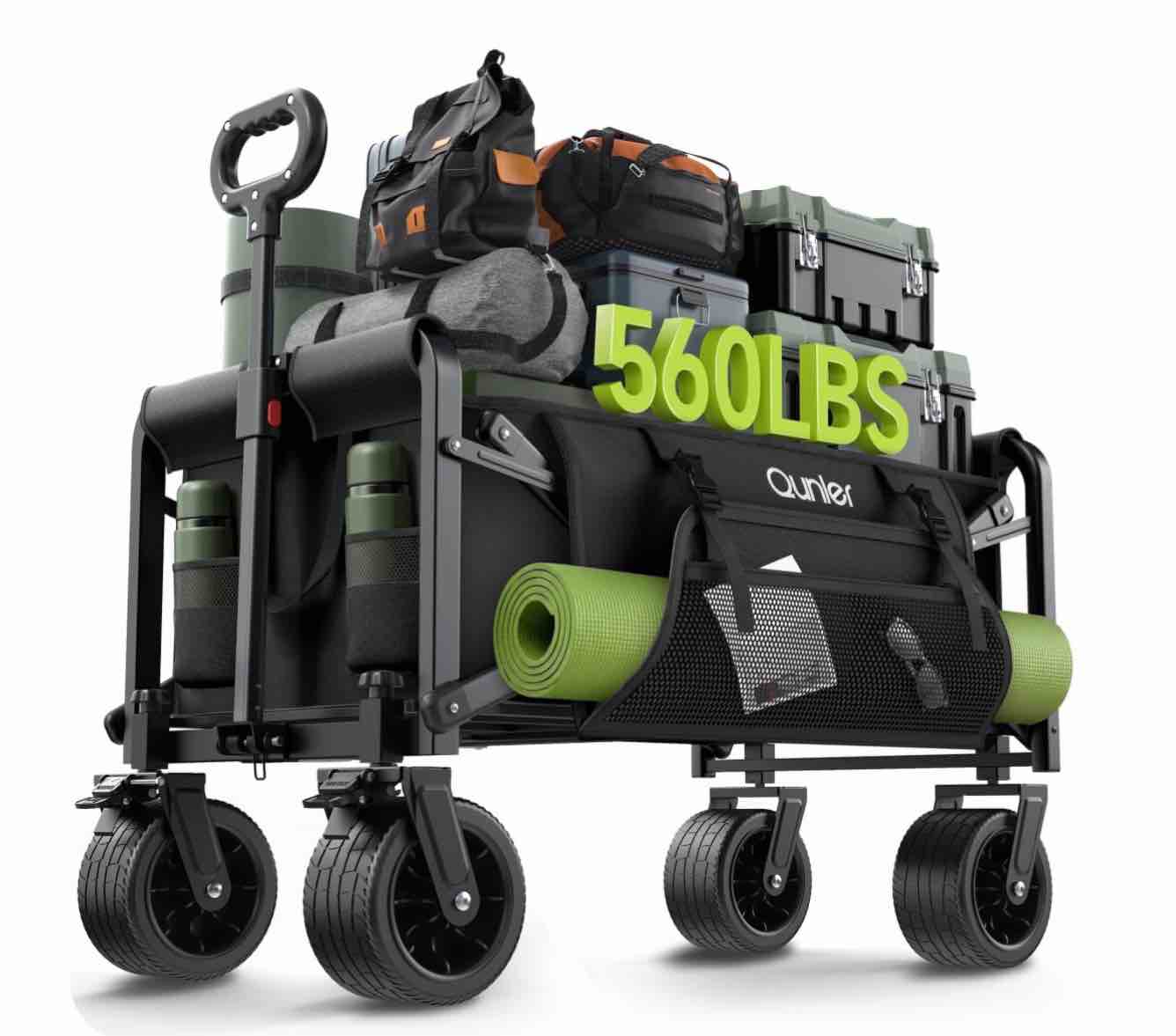 Qunler 560lbs Large Collapsible Folding Wagon with Oversized Tank Wheels, Heavy Duty Big Bucket Utility Garden Cart with Side Pocket for Sports, Shopping, Camping, Kids, Black