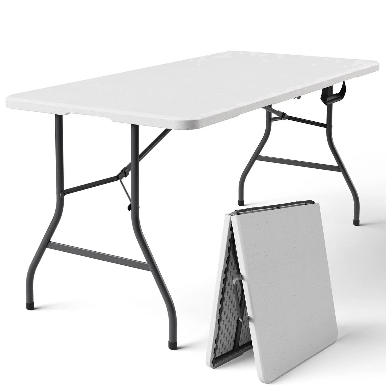 WASUHE 5 Foot Folding Table, Portable Resin Table with Carry Handle, for Camping, Parties, BBQs, Events, Stable Wobble?Resistant, White