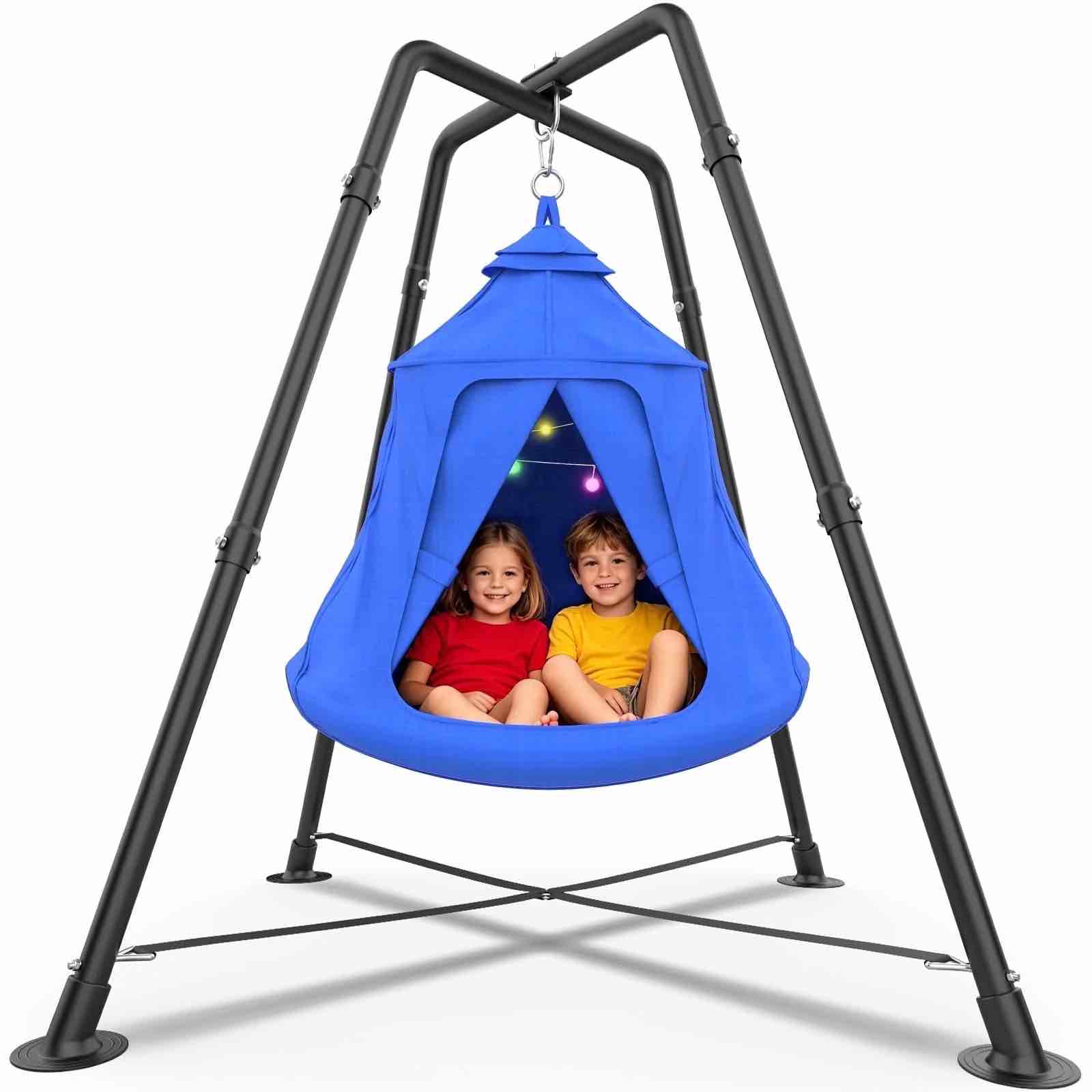 Metal Swing Set with Play Tent Swing Chair, Outdoor Indoor Sensory Swings for Autism Kids and Adults, 330 lbs, Blue