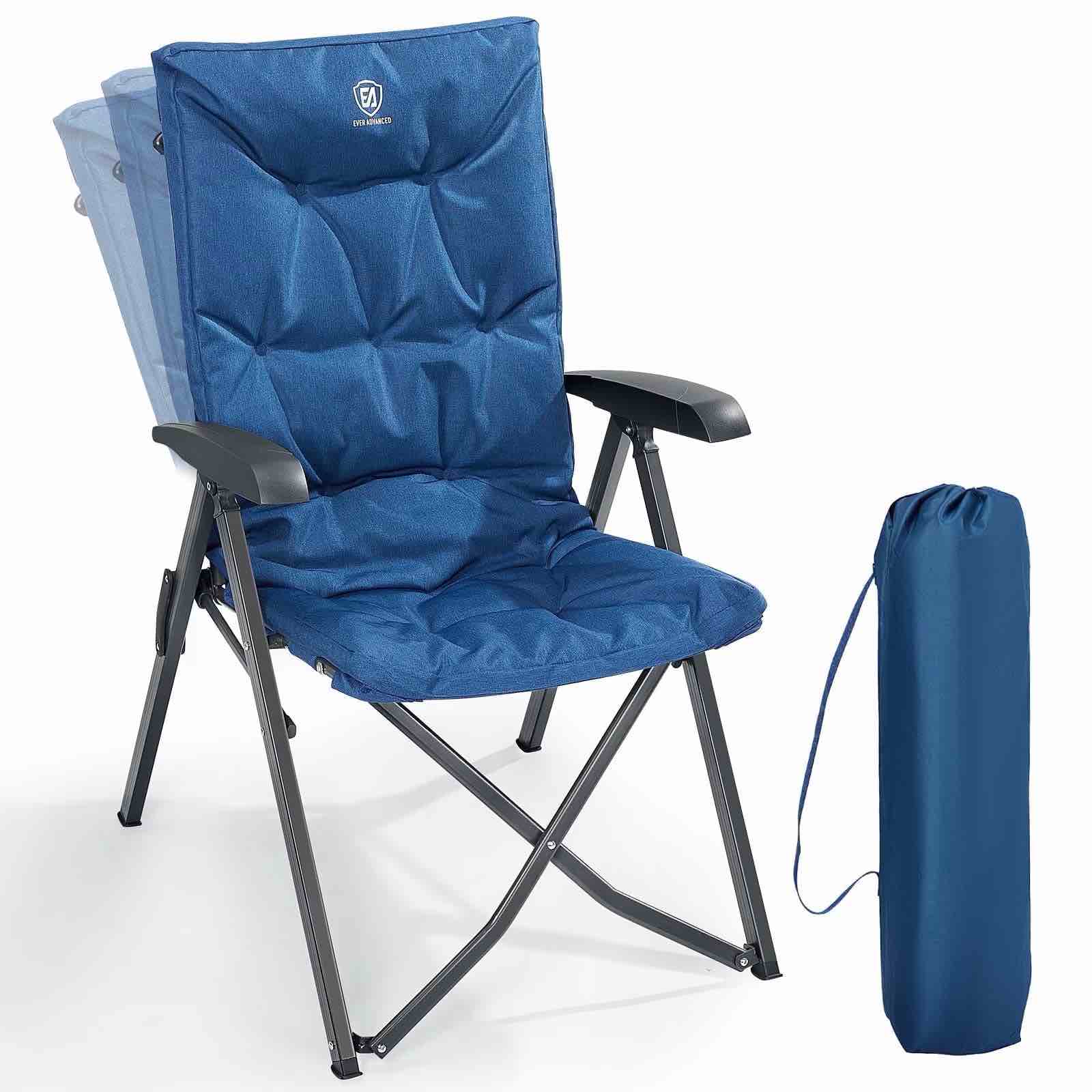 EVER ADVANCED Folding Recliner Camping Chair with Adjustable High Back Fully Padded Portable Patio Reclining Chair for Adults Blue