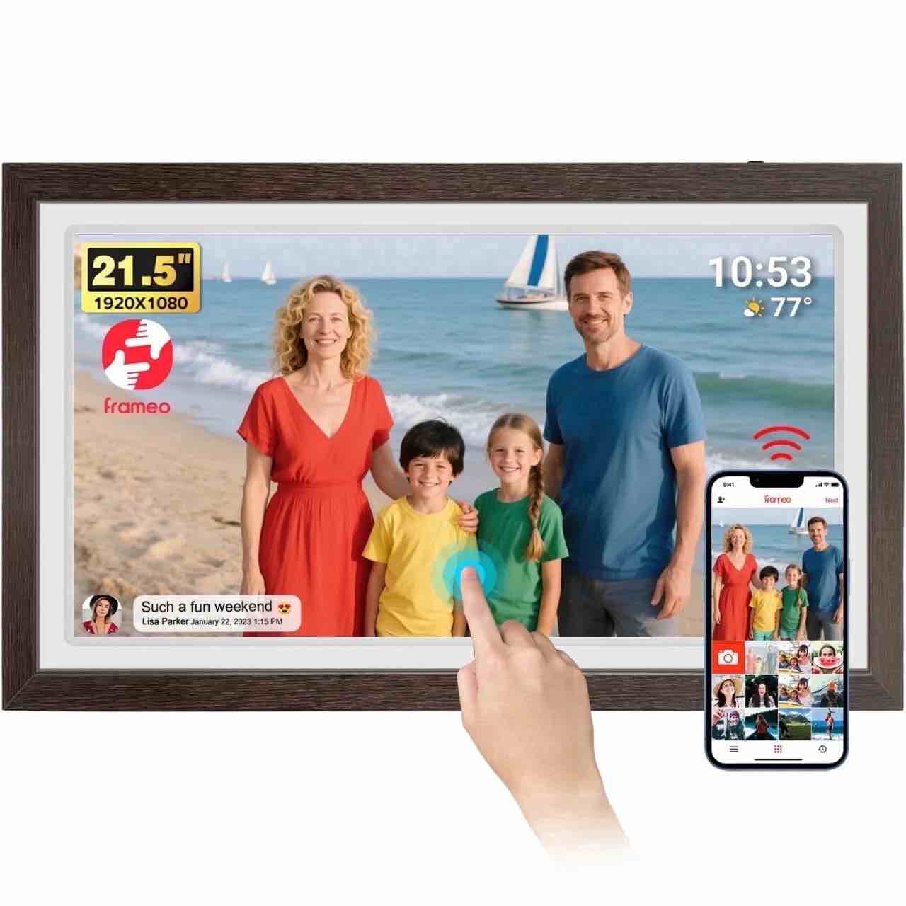 21.5" Large Frameo Digital Photo Frame, 32GB WiFi Digital Picture Frame with 1920x1080 FHD IPS Touch Screen, USB Drive/SD Card, Wall Mountable Auto-Rotate, Easy Share Photos/Videos from Anywhere
