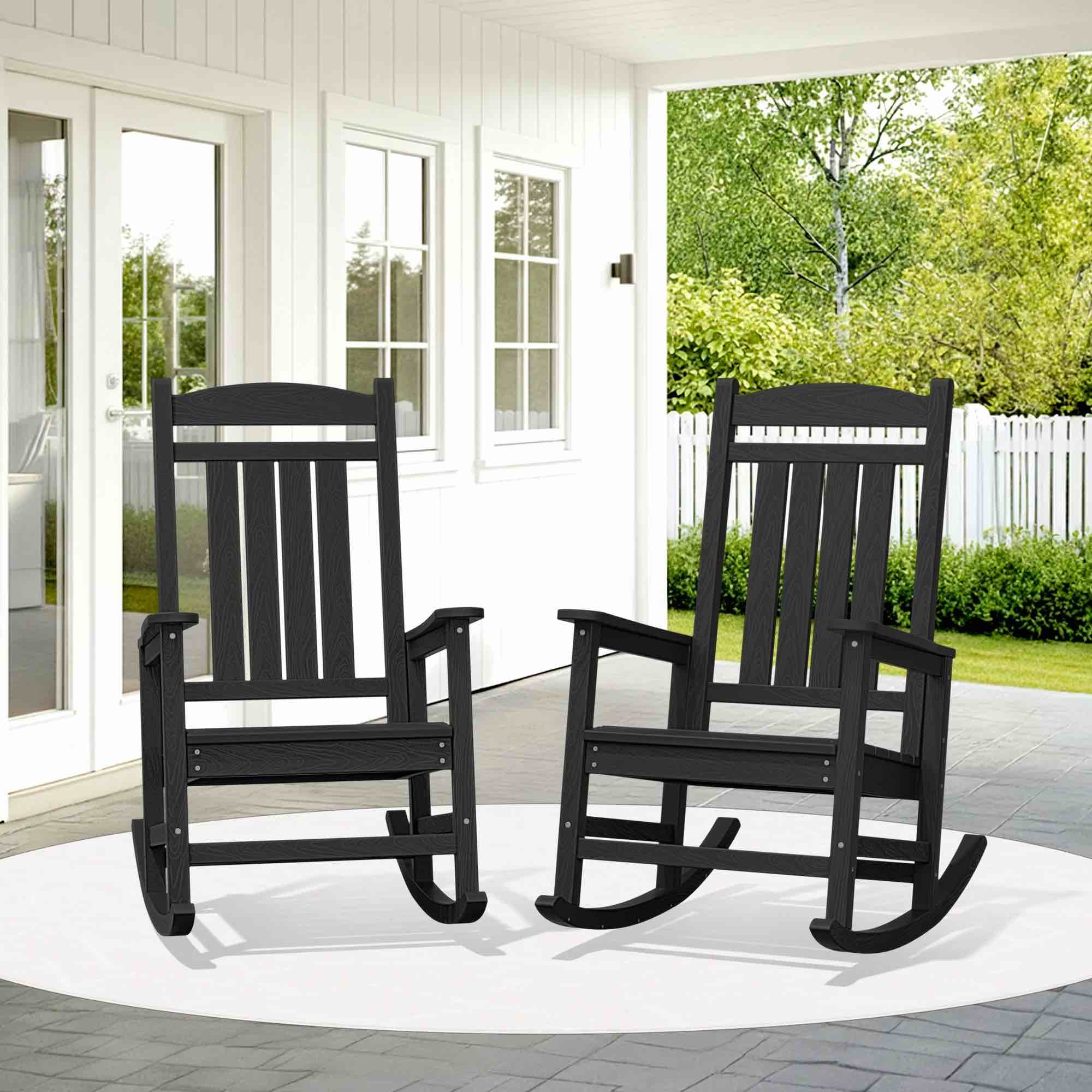 KINGYES Outdoor Rocking Chair Set of 2 HDPE Patio Rocking Chair Heavy Duty Front Porch Rocker Black
