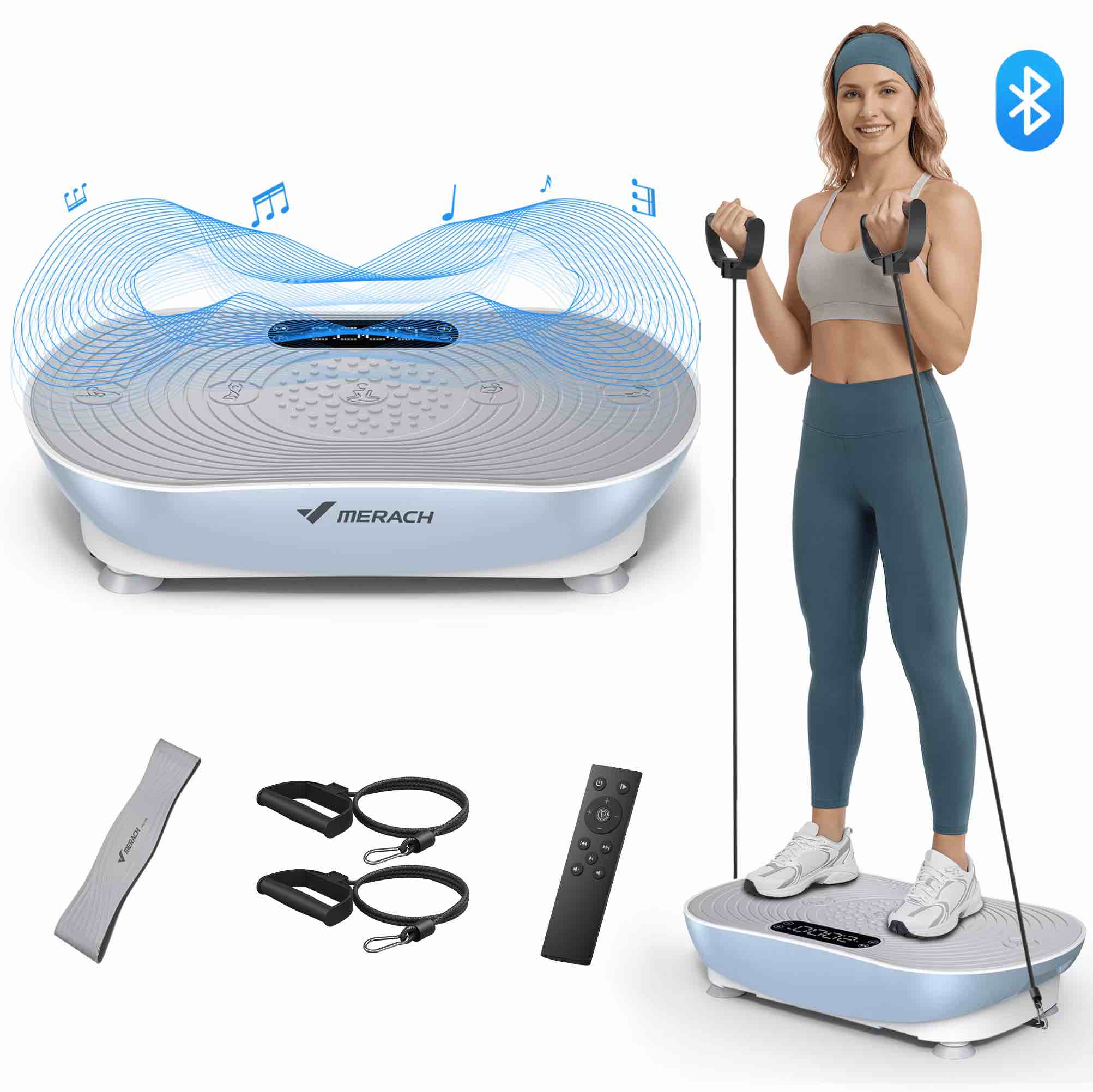 MERACH Bluetooth Vibration Plate Exercise Machine with LED Touch Screen, 99 Speed Levels Resistance Bands, Full Body Workout Platform for Home Fitness Training