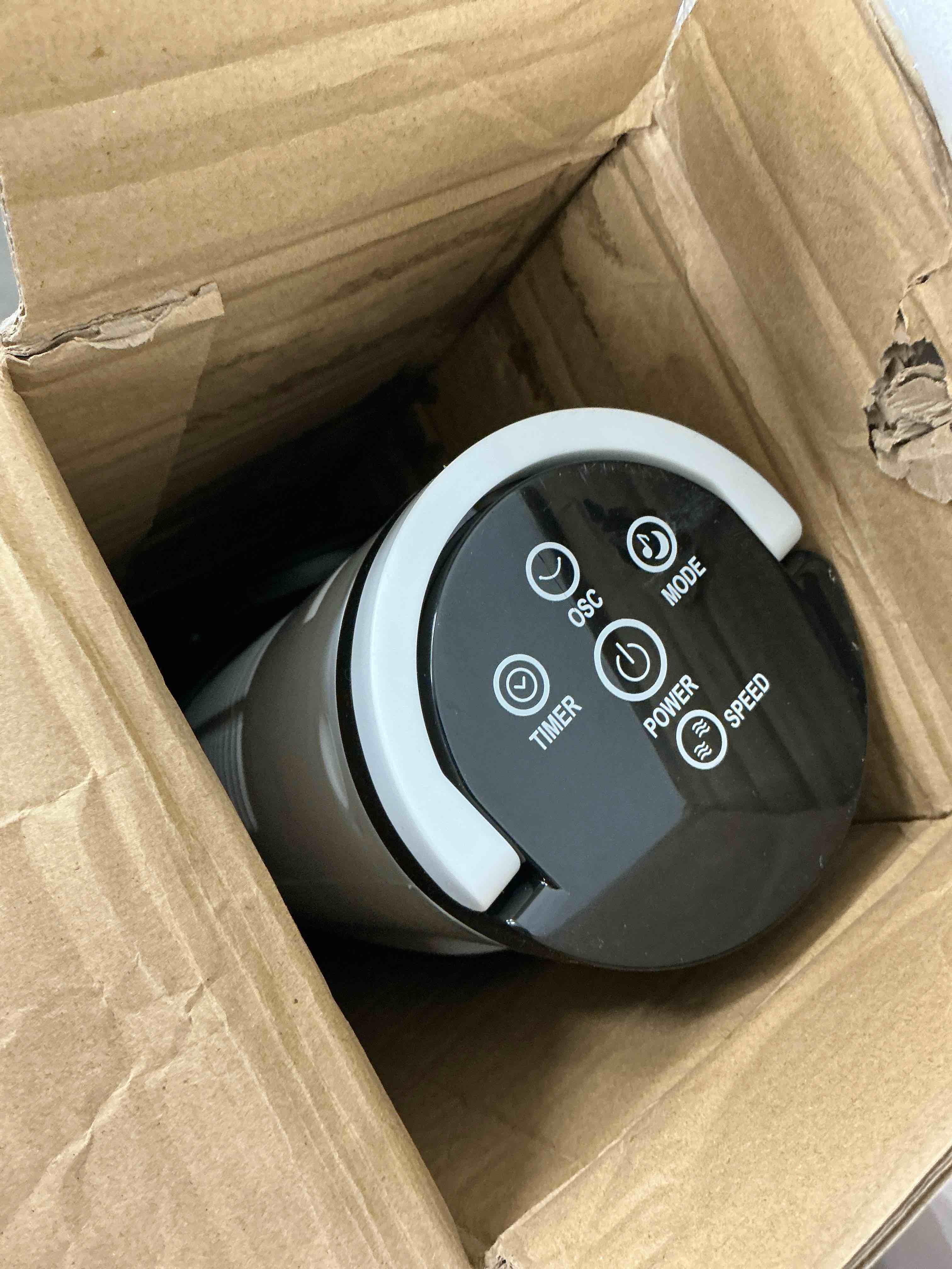 Condition photo showing As Is for keenstone tower fan for bedroom 38 inches bladeless fan with remote control 75° oscillating fan quiet floor fan 3 speeds 3 modes 7.5h timer standing fan for home living room office - white