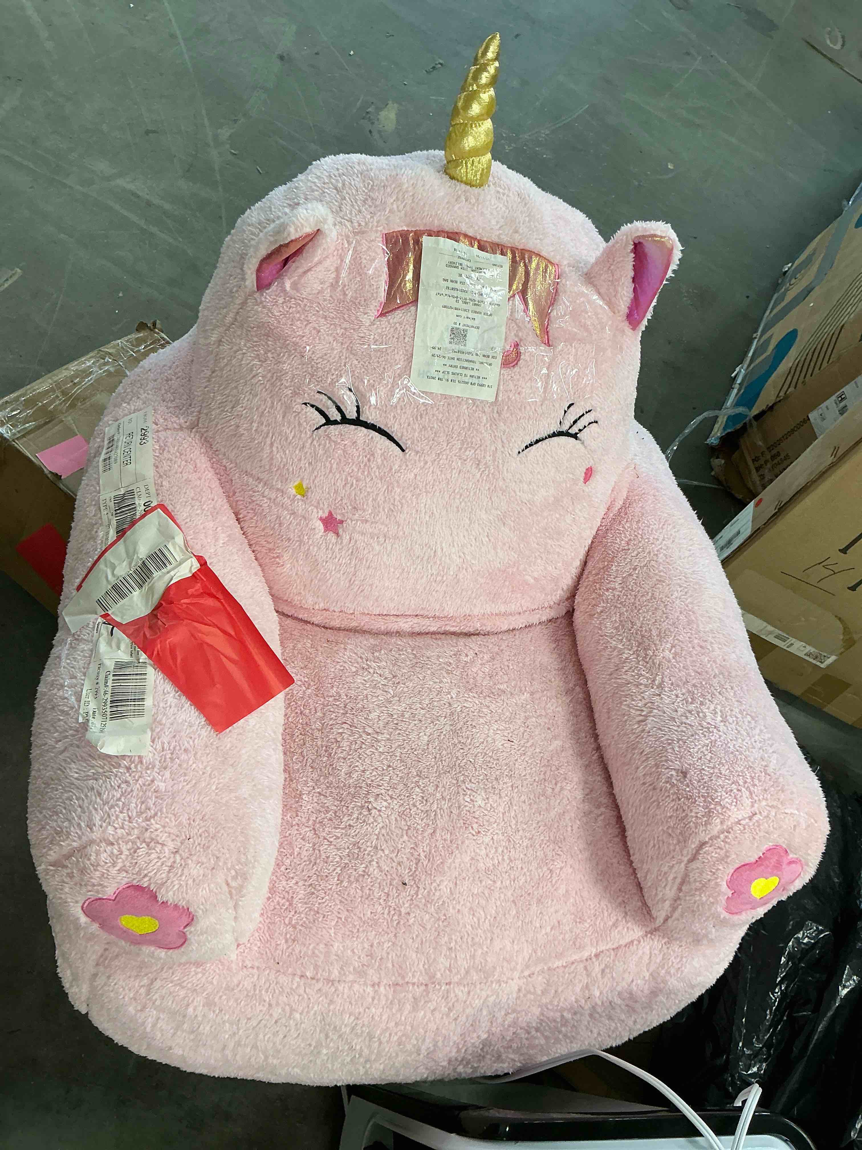 Condition photo showing Good Condition for lounge & co kids unicorn large foam filled bean bag chair, pink plush,