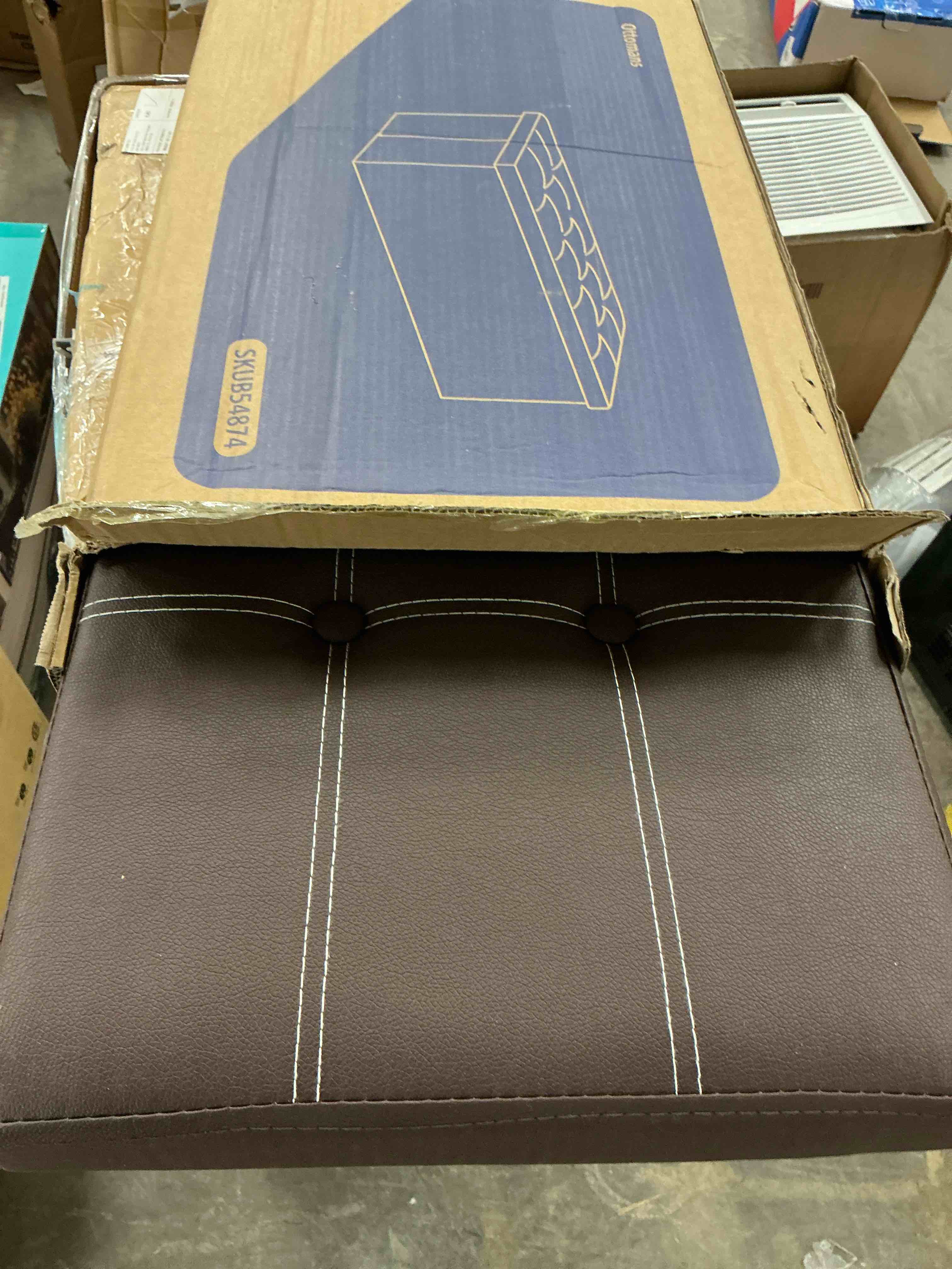 Condition photo showing Good Condition for 43" ottoman with storage bench for bedroom, long end of bed seat with storage ottoman bench, large folding faux leather footrest toy chest for living room, brown