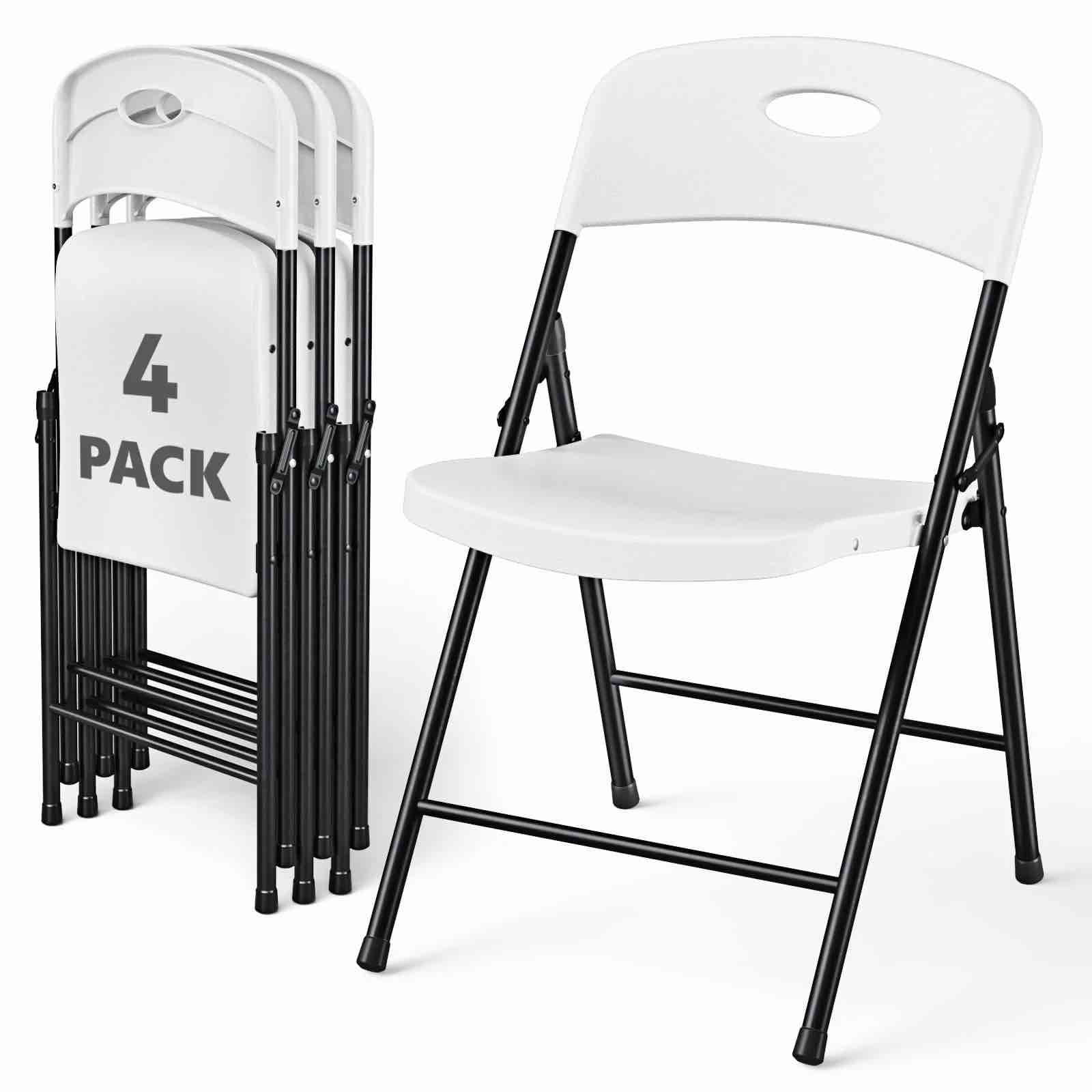 wasuhe 4 pack white folding chairs with enhanced iron frame, stackable plastic folding chairs for party, wedding, meeting room. weight capacity 350 lbs