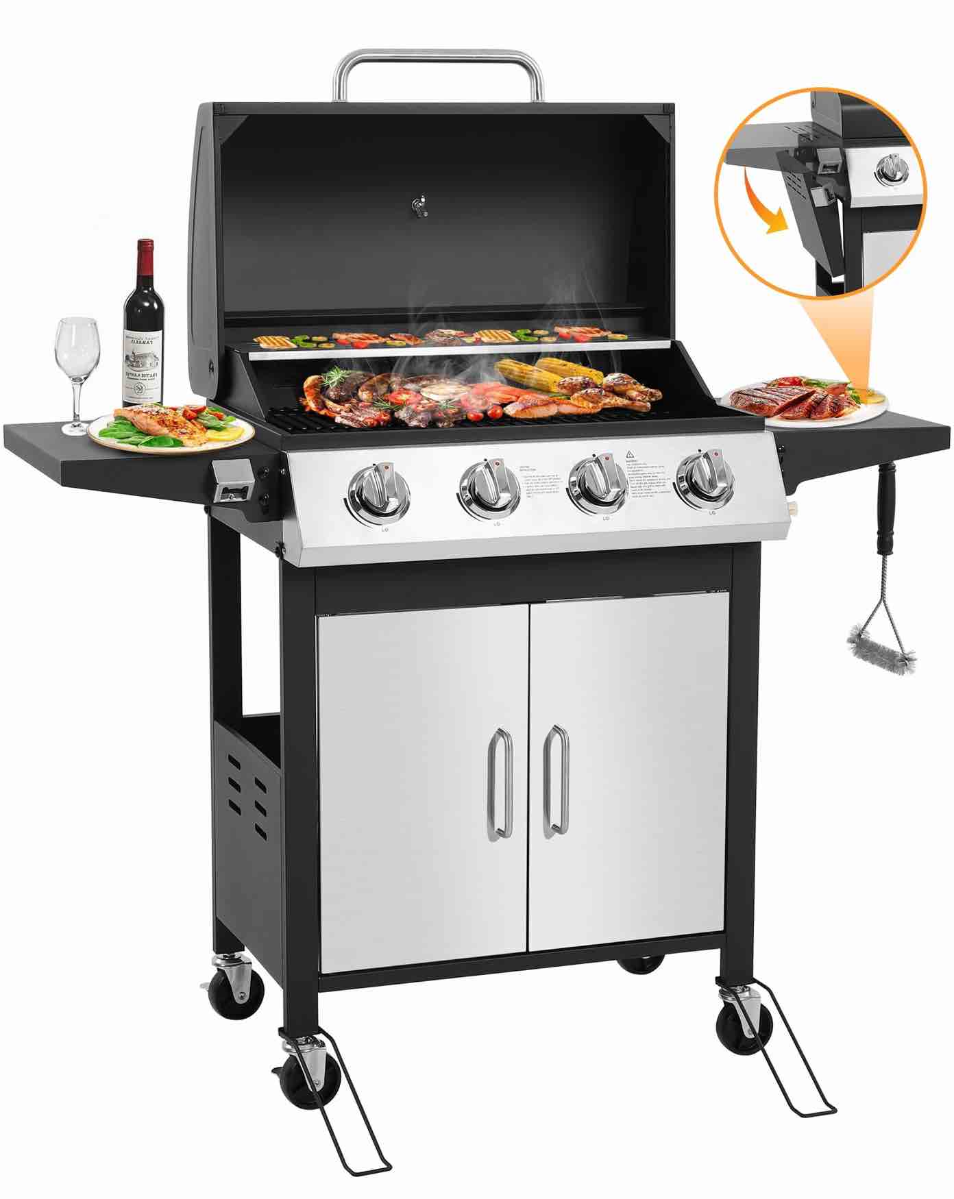 segmart 4 burner bbq propane gas grill stainless steel 40 000 btu patio garden barbecue grill with side tables cleaning brush & thermometer perfect