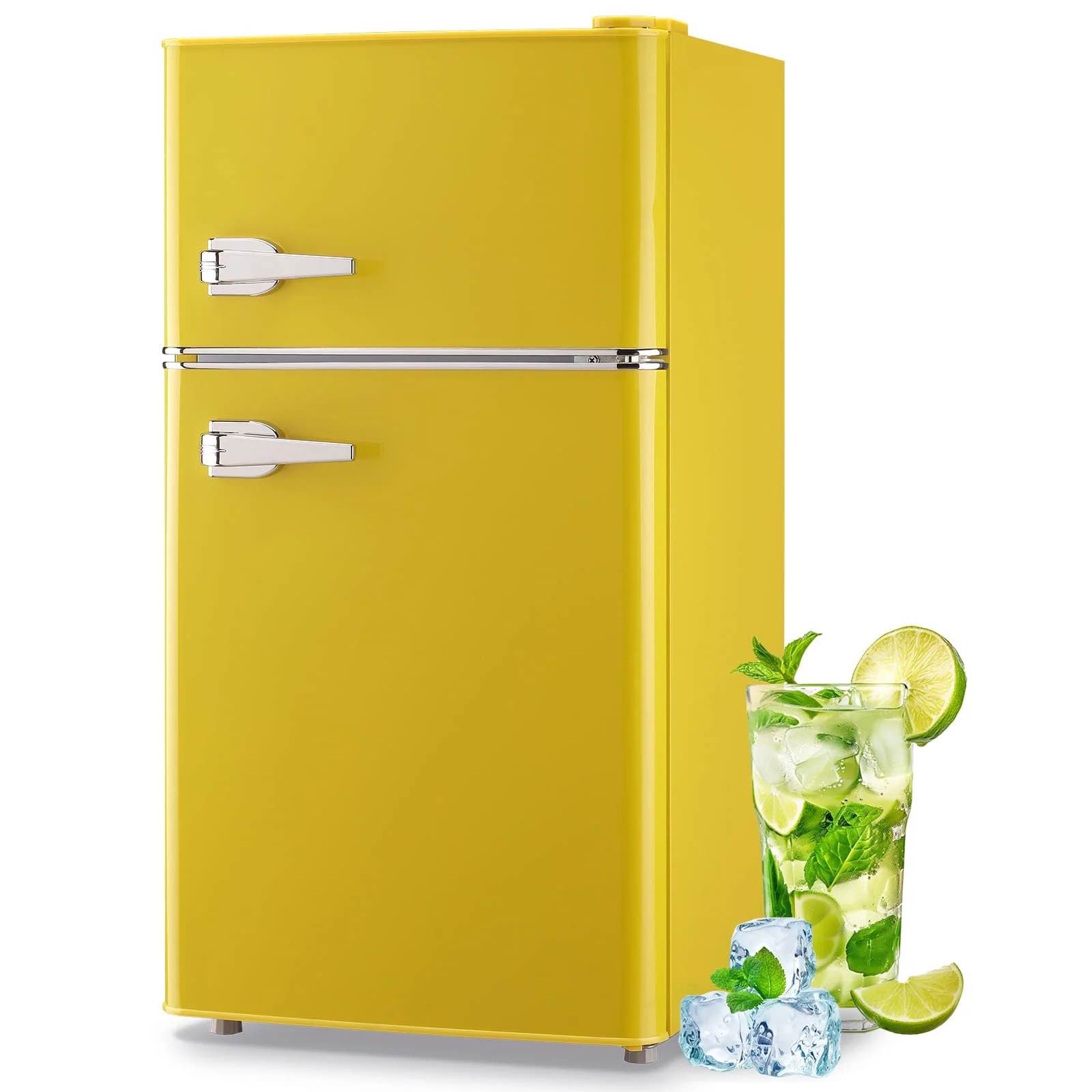 tacool 3.5 cu.ft retro mini fridge with freezer 2 door small refrigerator with 7 adjustable thermostat for home yellow