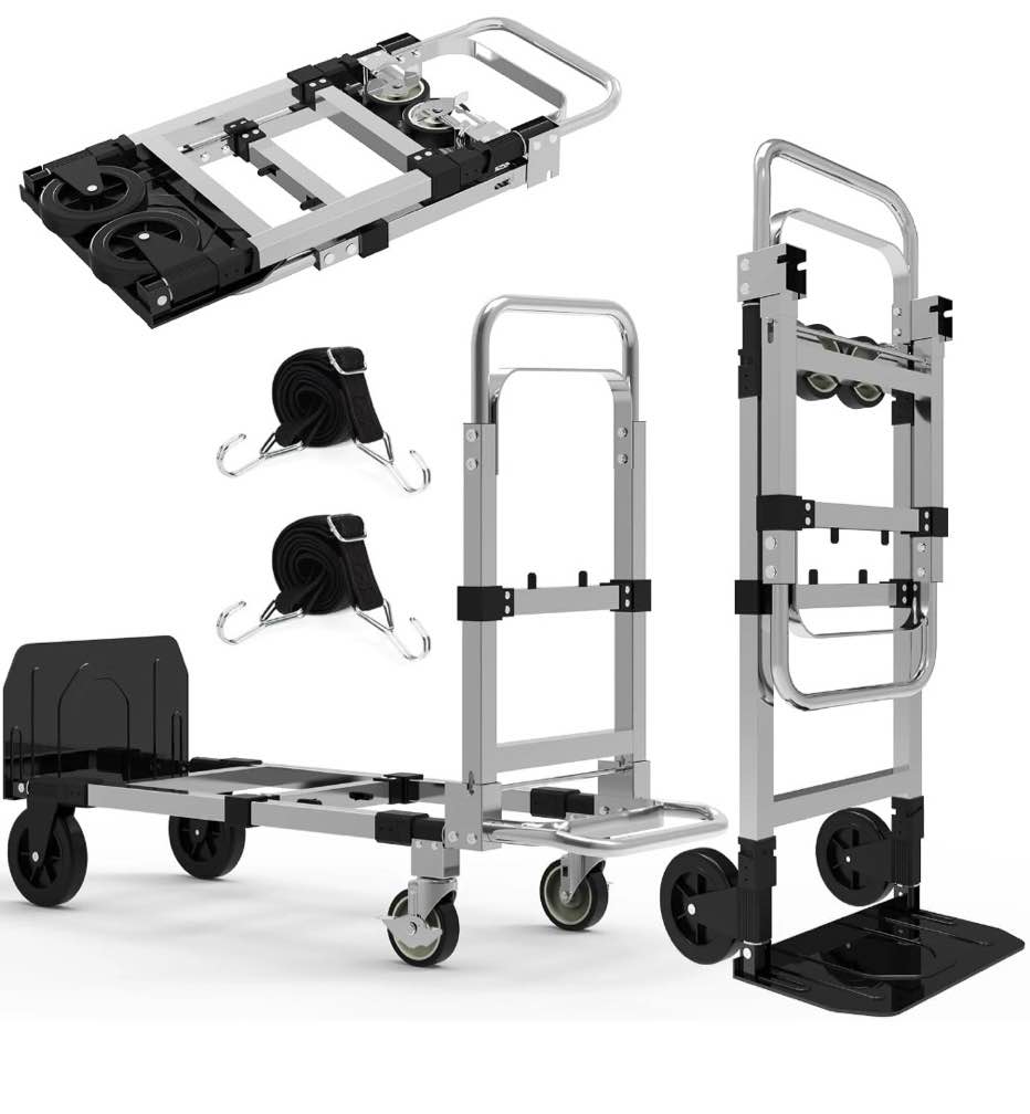 3-in-1 heavy duty folding dolly, convertible hand truck portable steel with telescopic handle & dolly cart with rubber wheels, 580lb capacity,silver