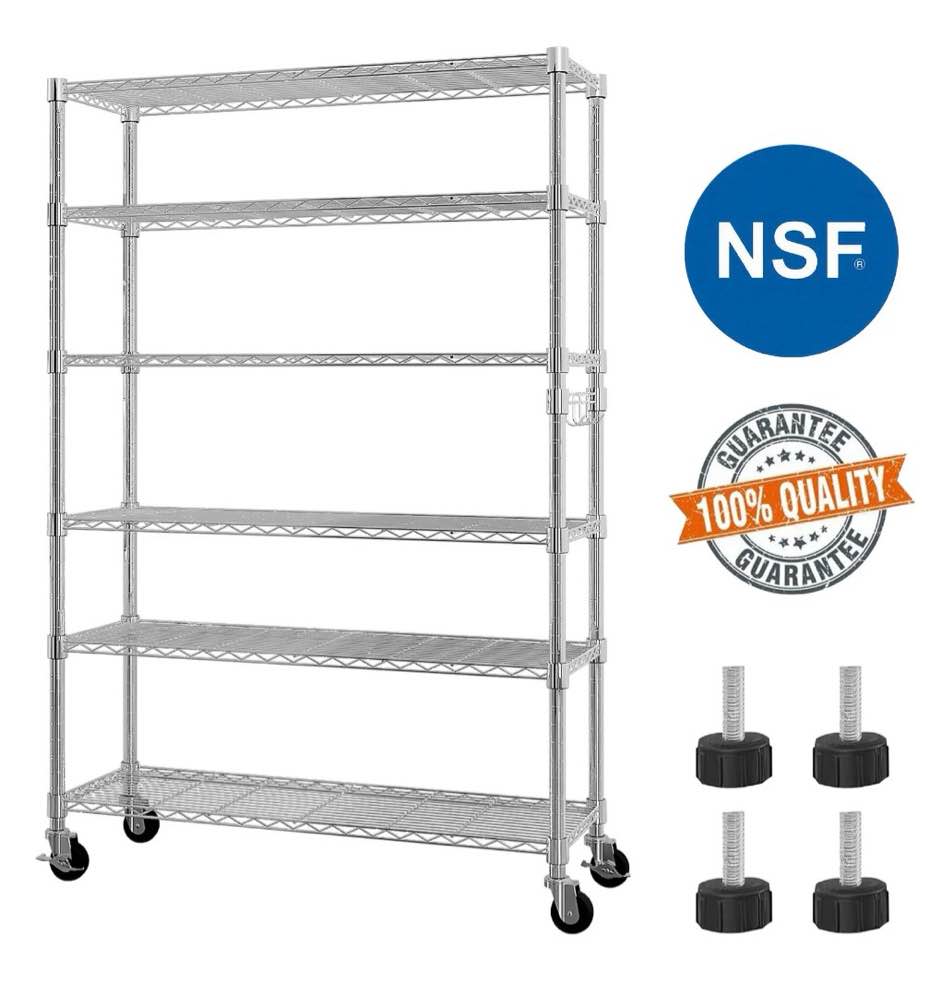 ktaxon 6 tier wire shelving with wheels 2400lbs capacity,  heavy duty storage rack for home garage, 46"w x 18"d x 82"h adjustable shelves, silver
