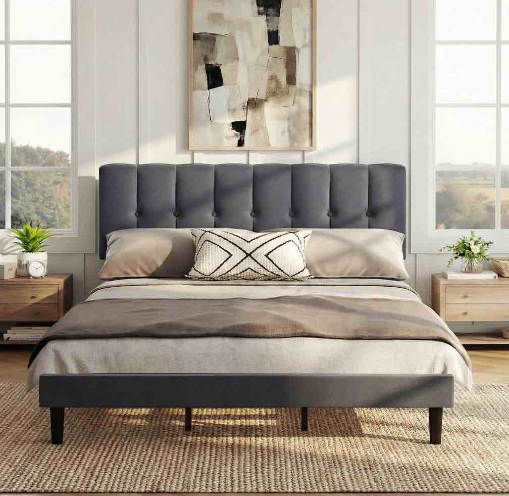 edx king size platform bed frame, fully upholstered mattress foundationwith fabric upholstered headboard and wooden slats support, no box spring needed, grey
