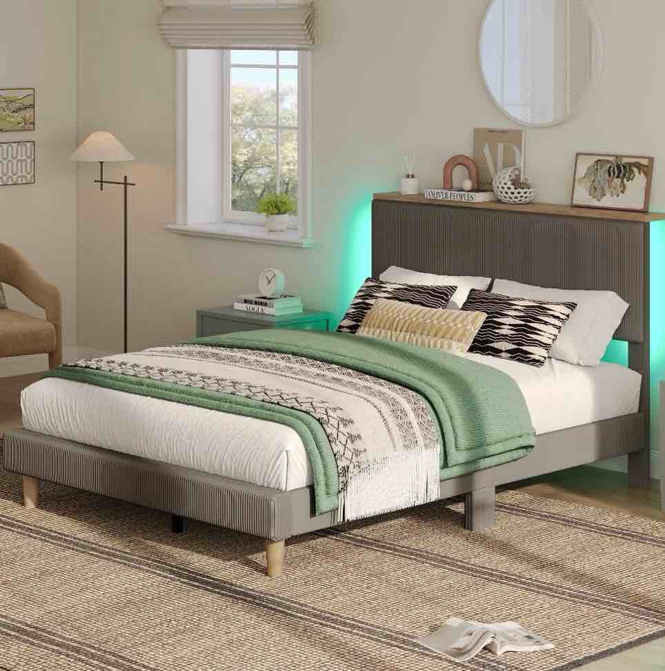 Bestier Twin Size Bed Frame Upholstered Platform Bed with LED Light & Adjustable Storage Headboard, Gray