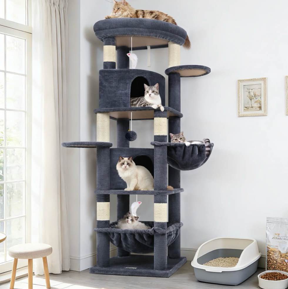C66 Large Cat Tower Curved Series Corner Cat Trees and Towers for Large Indoor Cats with Big Cat Condos 6 Scratching Posts Hammock Beige
