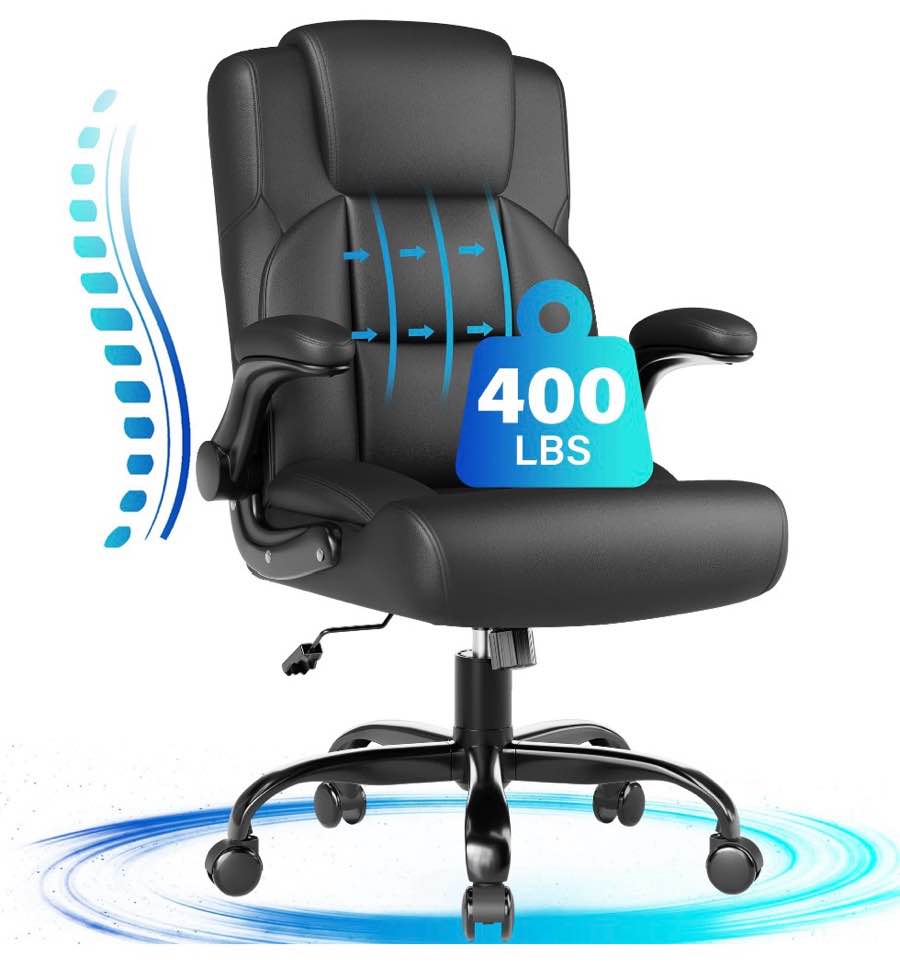 JONPONY Leather Office Chair, Big and Tall Office Chair 400LBS Wide Seat Ergonomic Computer Desk Chair High Back Executive Leather Chair Adjustable Task Chair Lumbar Back with 1-Year Warranty, Black