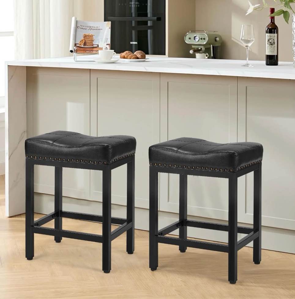 edx Bar Stools Set of 2, Modern Counter Height, 24 Inch Kitchen Barstools with Metal Base, PU Leather Saddle Seats for Kitchen Island, Black