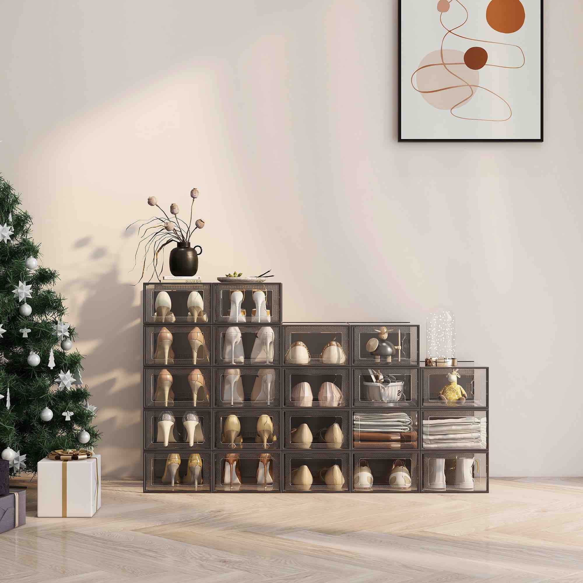 SEE SPRING X-Large Clear Shoe Storage Organizer Boxes Open Front Stackable Shoe Containers with lids 12 Pack