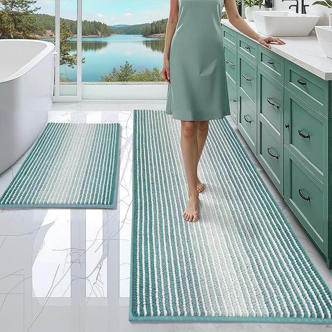 bsicpro bathroom rugs and mats sets, 2 piece thick absorbent chenille bath mat rug set non slip, soft shaggy bath room floor mats for bathroom, machine washable (aqua green, 24" x 70" plus 20" x 32") 24" x 70" plus 20" x 32" aqua green
