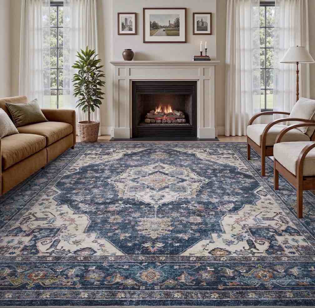 SIXHOME 9 x12  Area Rug Washable Retro Living Room Bedroom Carpet Soft Floral Distressed Indoor Rug Dark Blue