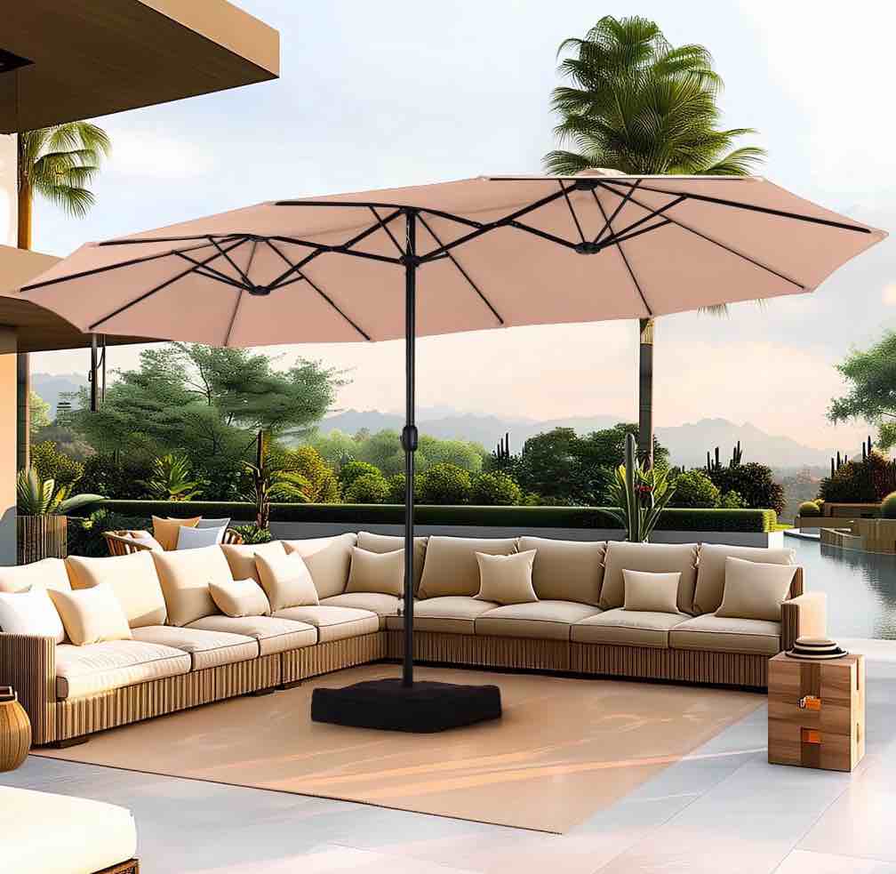 Summit Living 15 ft Large Patio Umbrella with Base (Included) Double-Sided Rectangular Outdoor Deck Umbrella for Outside - Beige