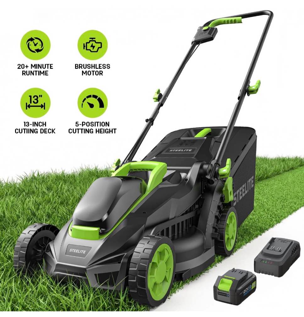 Steelite 13-Inch Cordless Lawn Mower, 21v Electric Lawn Mowers With Brushless Motor For Garden,5 Heights Adjustment, 4.0ah Battery & Charger Included