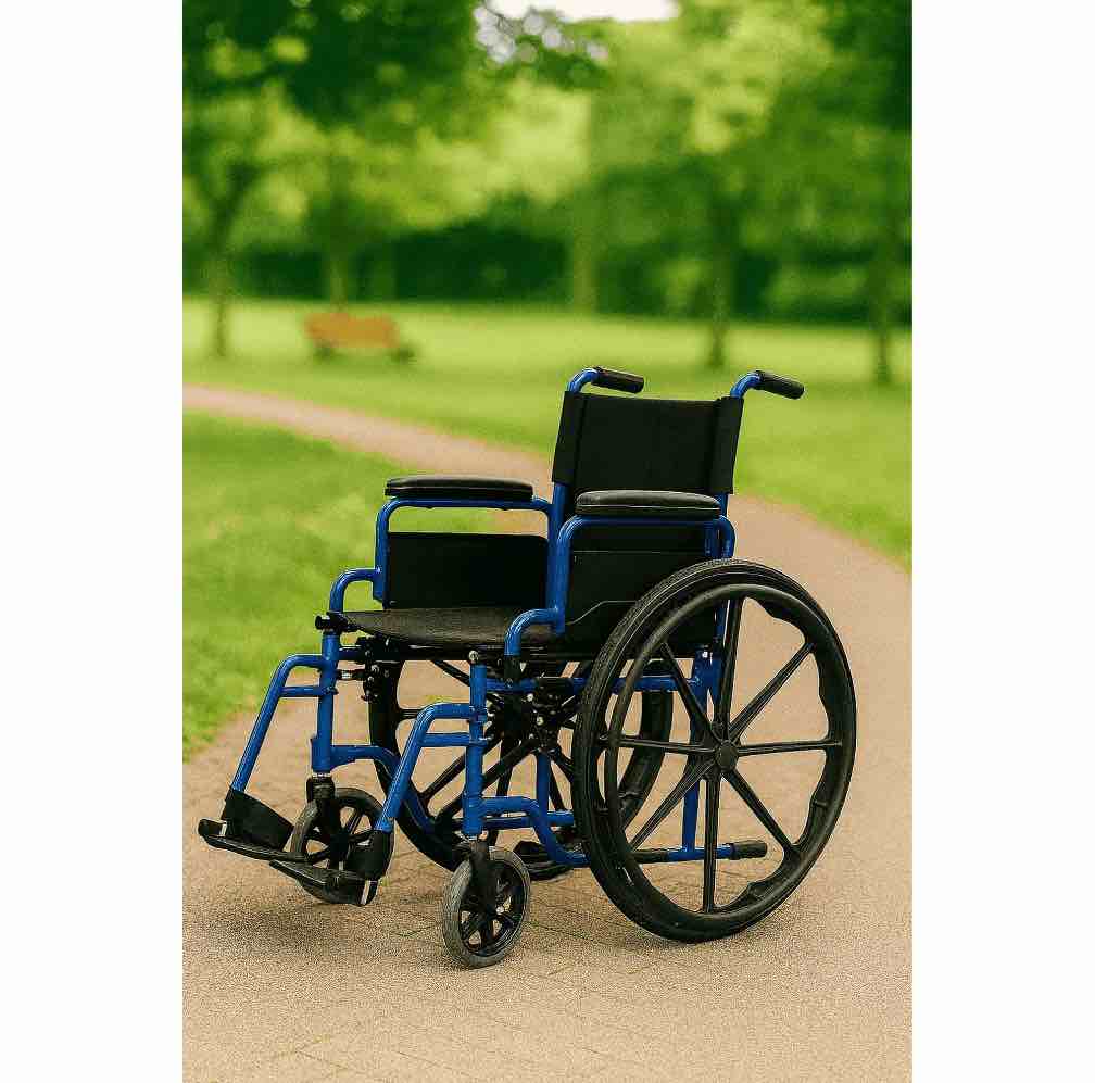 Lumi Blue Wheelchair with Padded Desk Arm, Adjustable Leg Rests, 18'' Seat