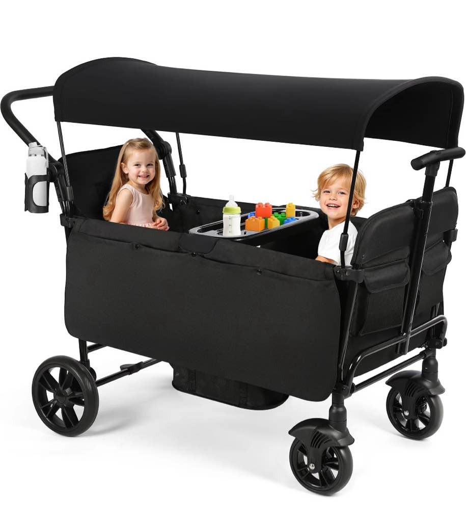 Vomeast Wagon Stroller for Kids,Spacious 2-Seater Stroller Wagon with Adjustable Canopy,Pull & Push Handle,5-Point Harness,Foldable for Toddlers, Black