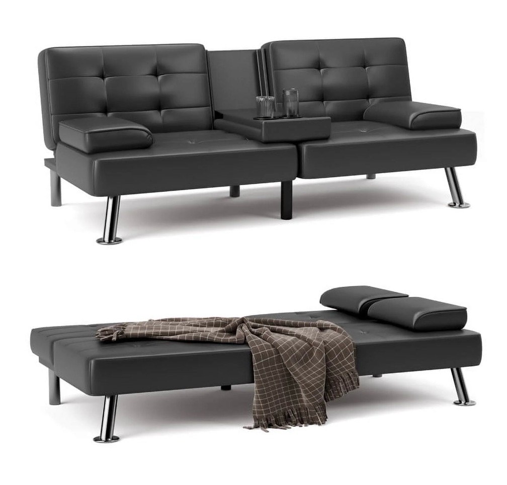 Furmax 3-in-1 Futon Sofa Bed Convertible Couch – Faux Leather Recliner with Cup Holders for Living Room, Apartment & Small Space, Black