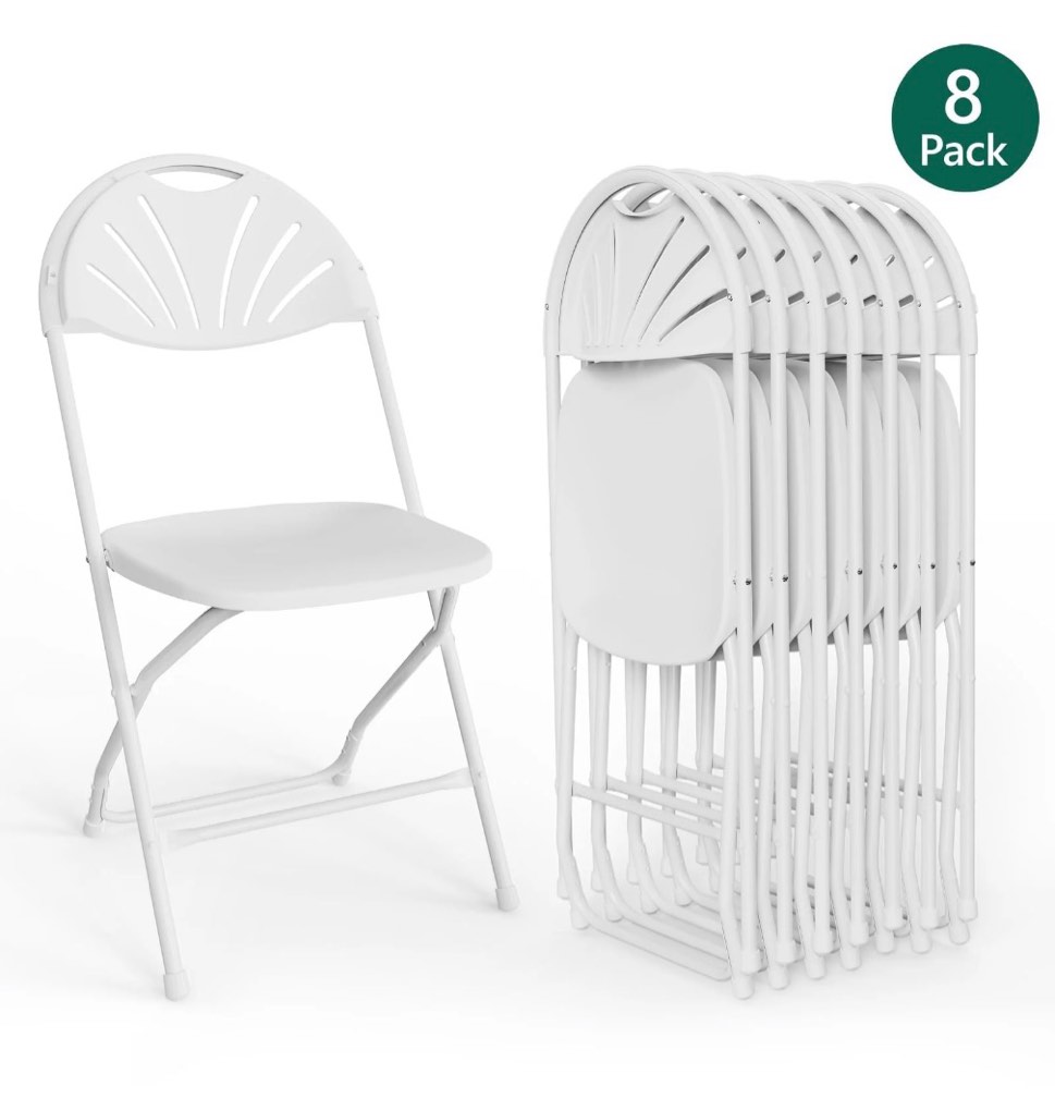 WLLJOY 8 Pack Fan Back Folding Chairs, Metal Frame Indoor Outdoor Portable Stackable Seat, for Party Home Events Capacity 650 lbs, White
