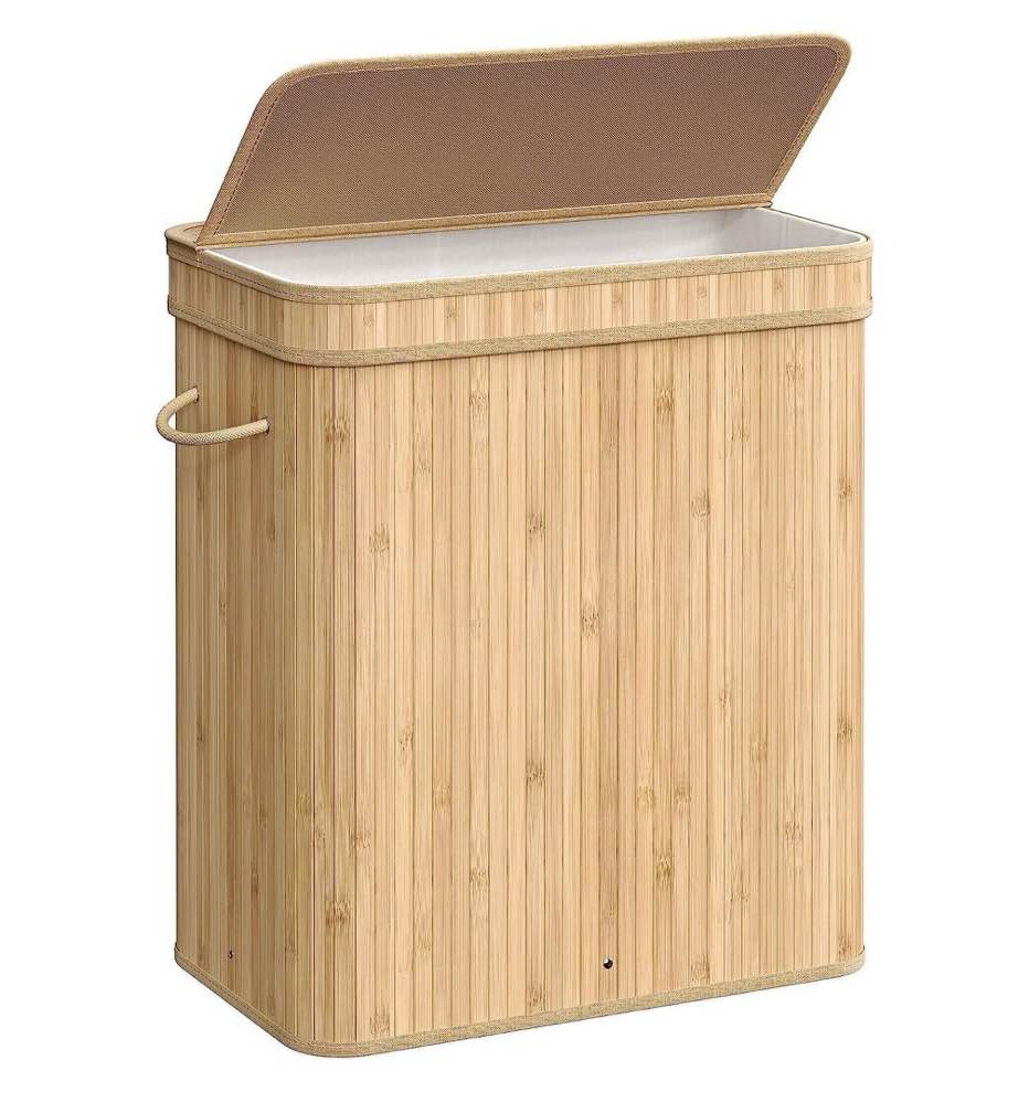100L Laundry Hamper with Lid Bamboo Laundry Basket with Liner Bag Foldable Storage Hamper with Handles Natural