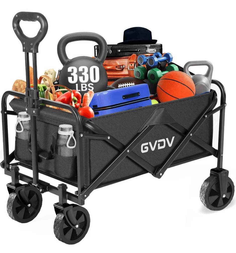 GVDV Collapsible Wagon Cart, Heavy Duty Utility Folding Wagon with All-Terrain Wheels, Portable Cart for Camping, Beach, Sports, Shopping, Black